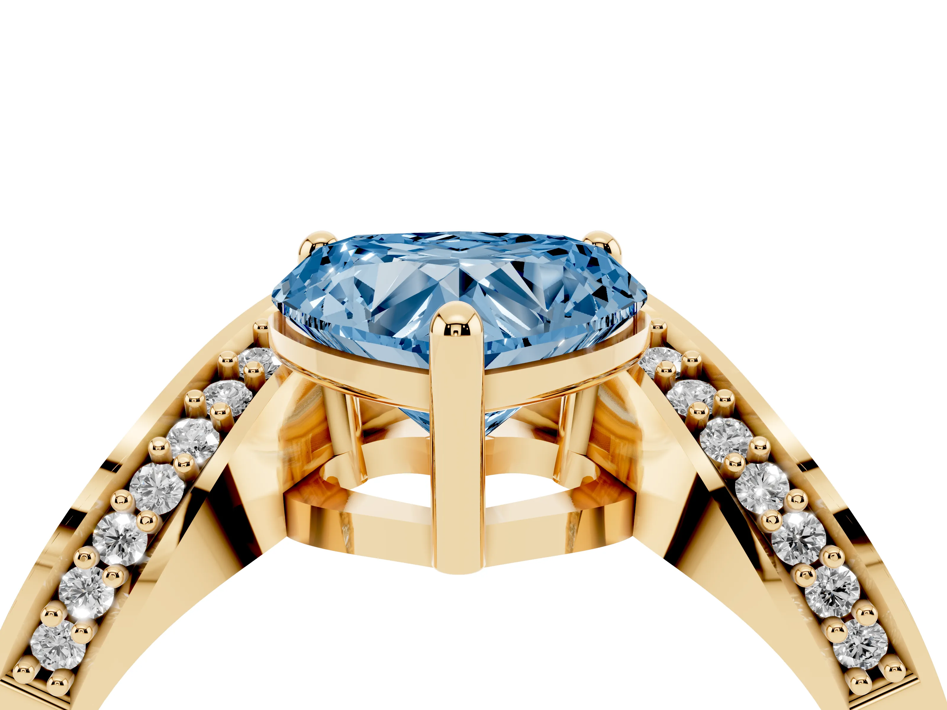 Fancy Blue Heart Cut Diamond Solitaire Engagement Ring Set in Yellow gold with Pavé Shoulders