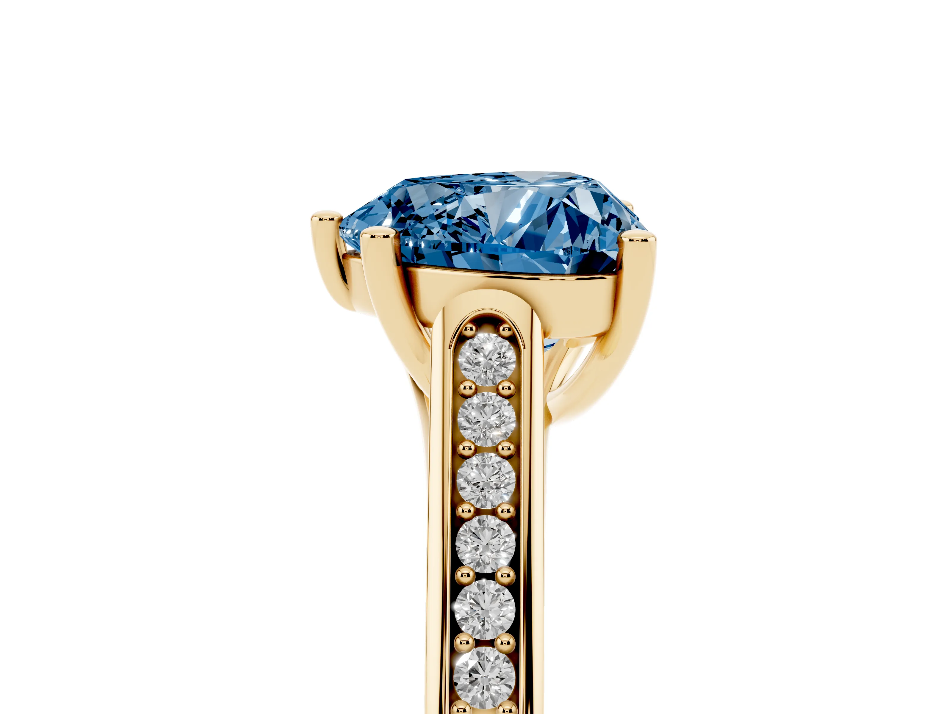 Fancy Blue Heart Cut Diamond Solitaire Cathedral Engagement Ring Set in Yellow gold with Channel-Set Band and Prong Setting