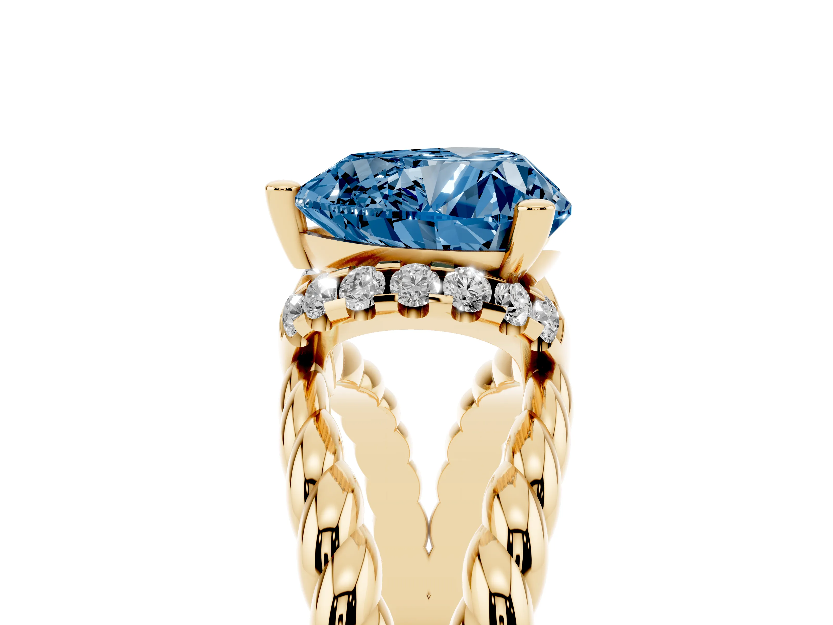 Fancy Blue Heart Cut Diamond Halo Ring Set in Yellow gold with Twisted Band and Prong Setting