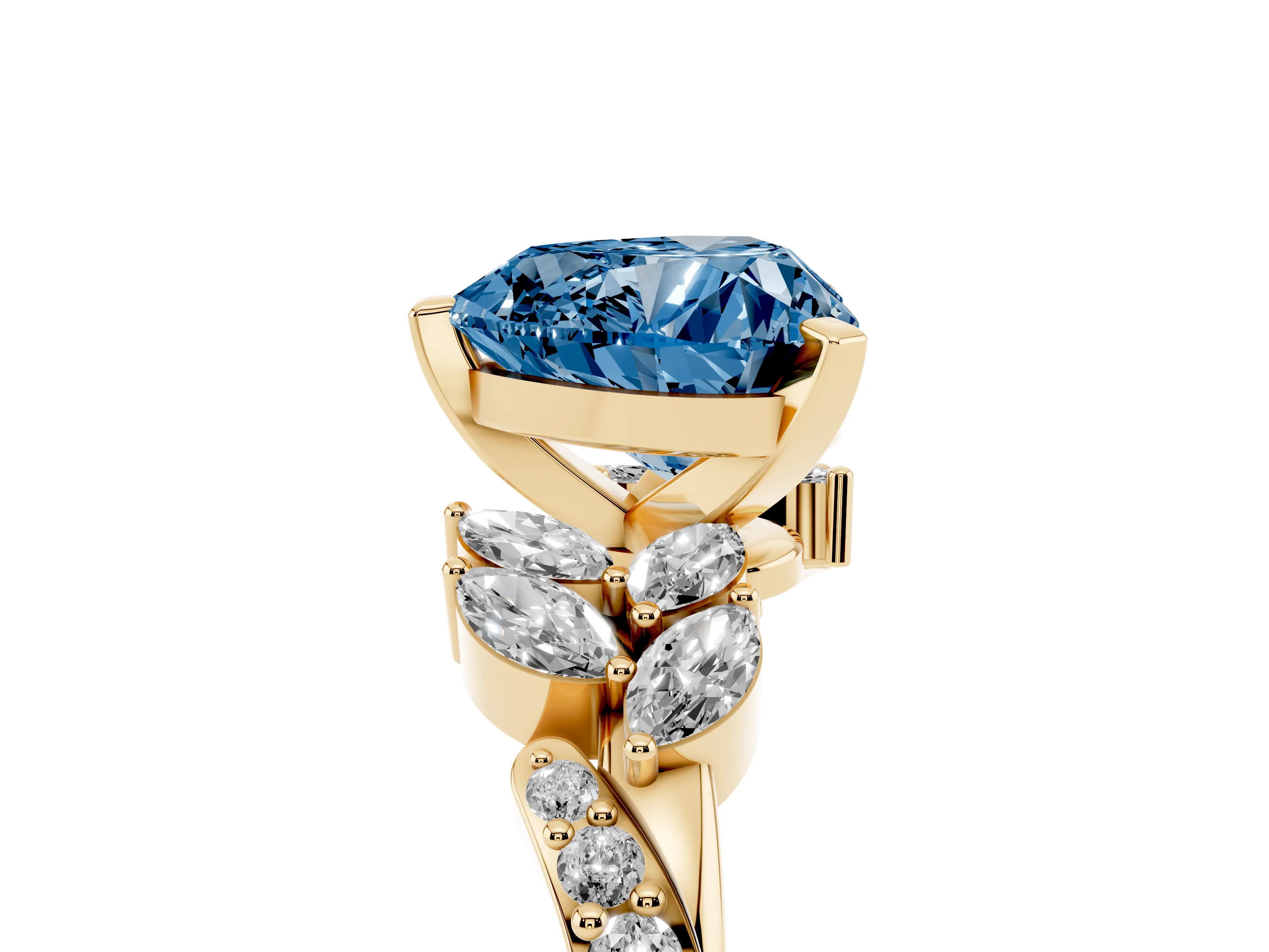 Fancy Blue Heart Cut Diamond Solitaire Ring Set in Yellow gold with Marquise Twist Band and Prong Setting