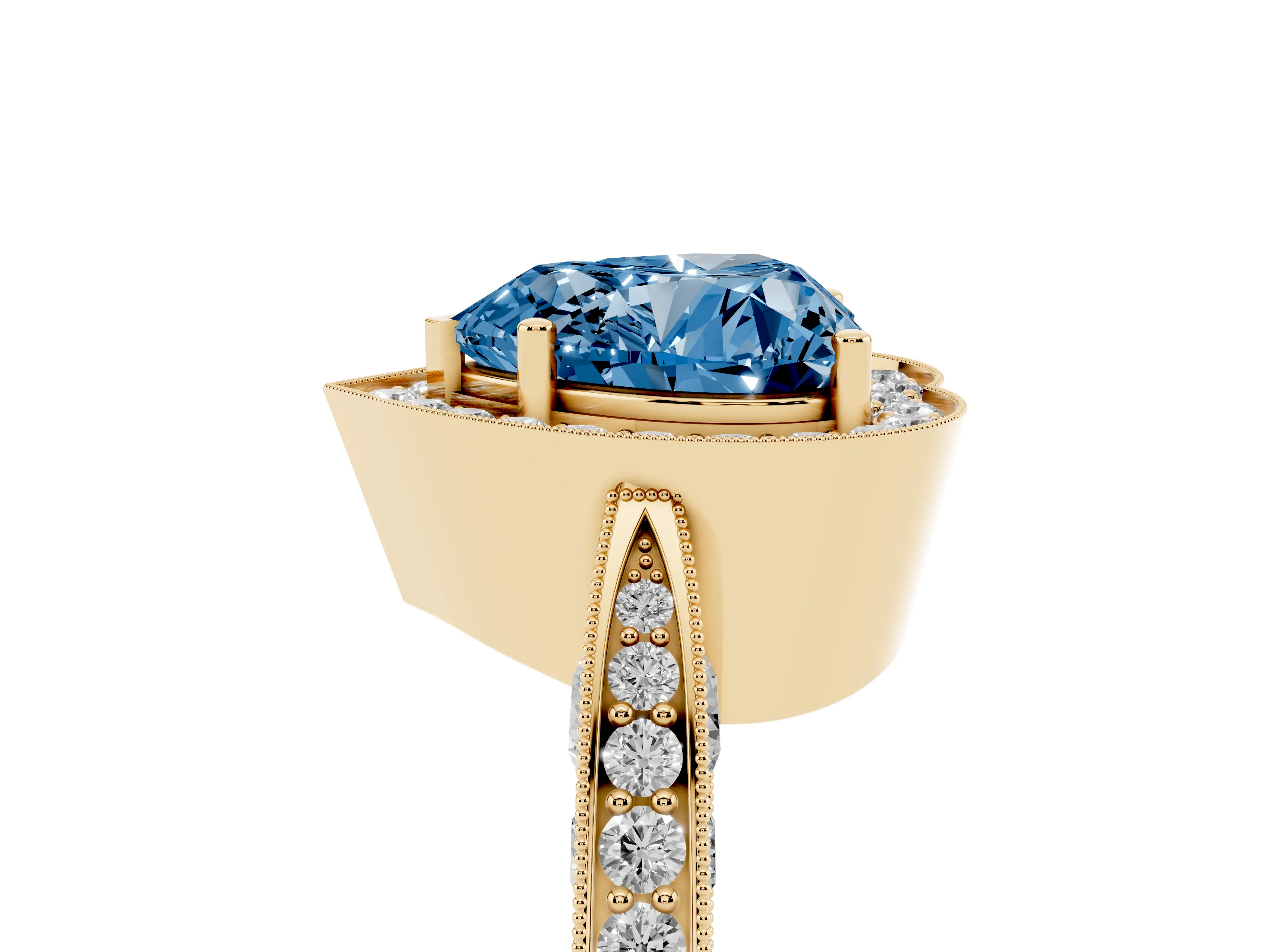 Fancy Blue Heart Cut Diamond Halo Engagement Ring Set in Yellow gold with Accent Split Shank Band