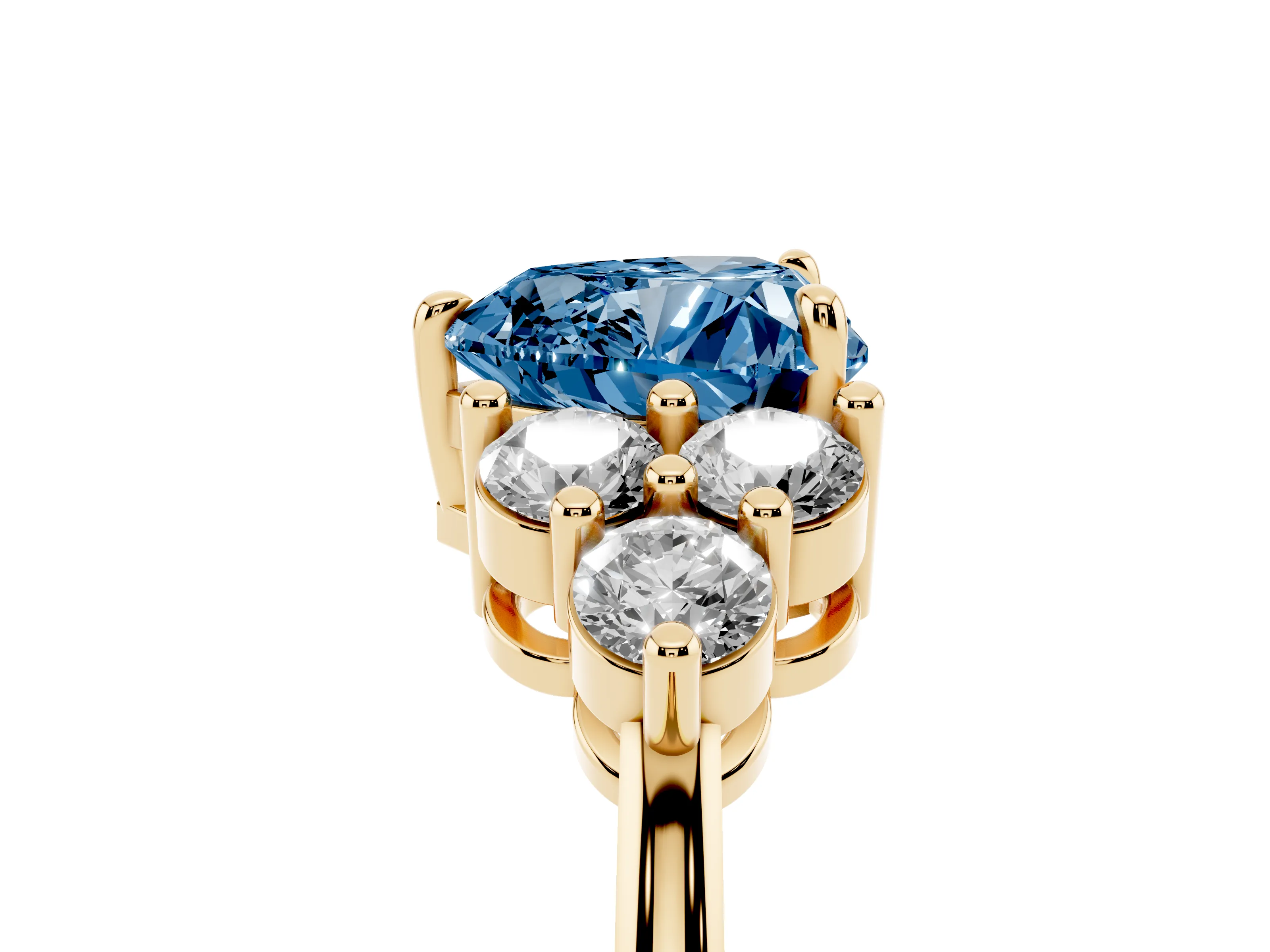 Fancy Blue Heart Cut Diamond Solitaire Ring Set in Yellow gold with Cluster Accents on Each Side
