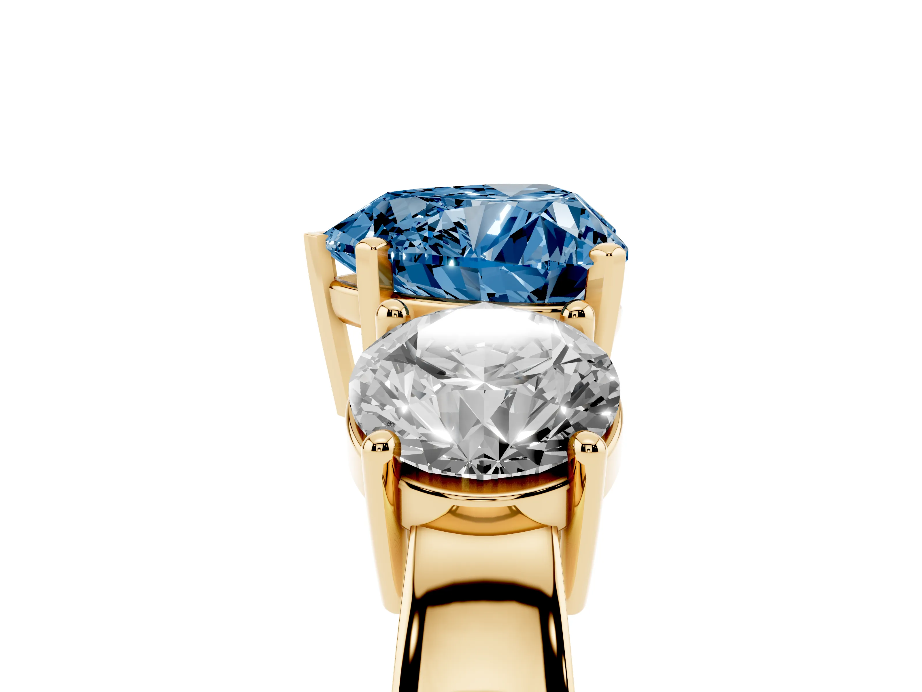 Fancy Blue Heart Cut Diamond Three-Stone Ring Set in Yellow gold with Round Side Stones and Classic Band