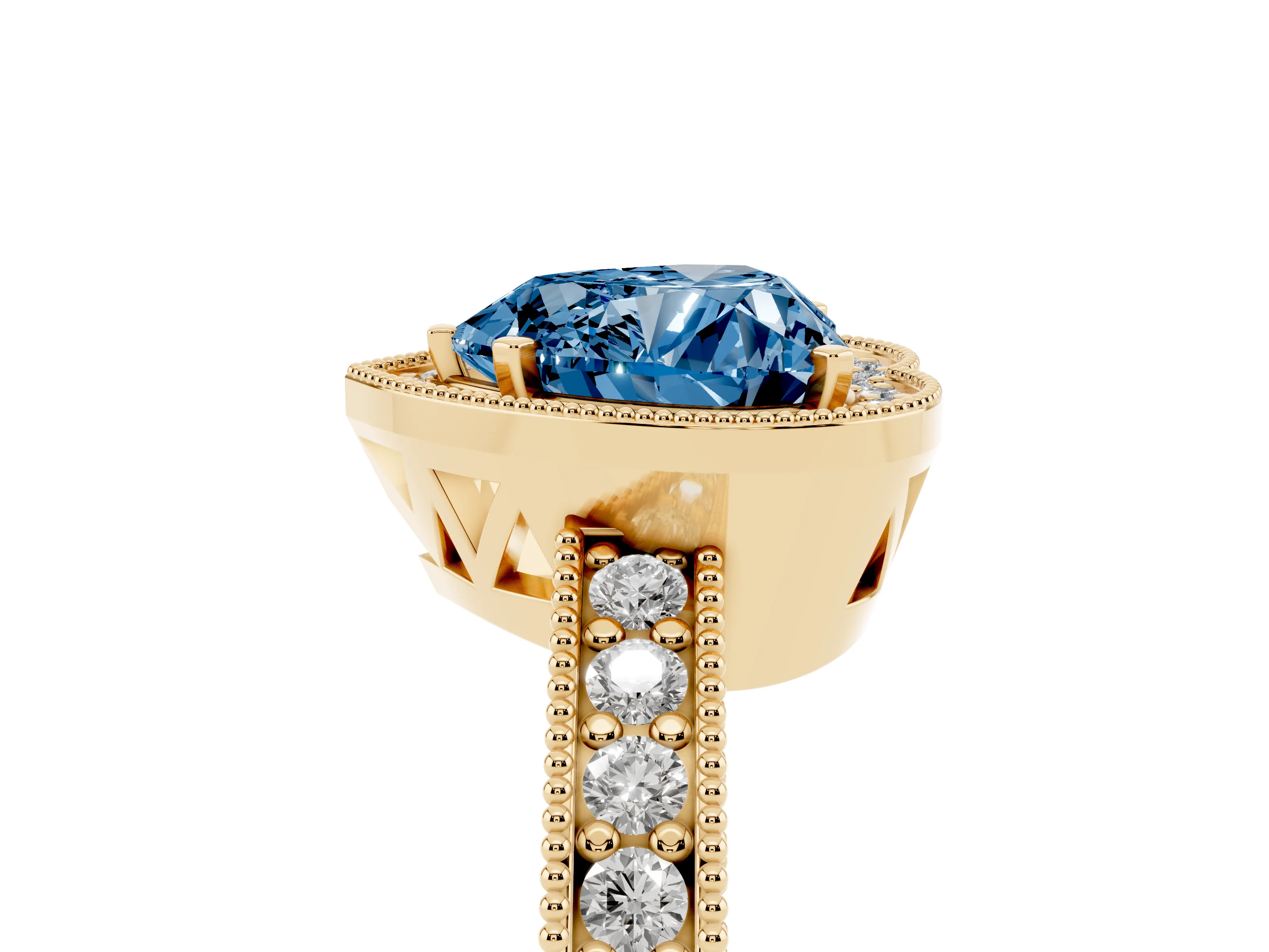 Fancy Blue Heart Cut Diamond Halo Pavé Band Ring Set in Yellow gold with Prong-Set Center