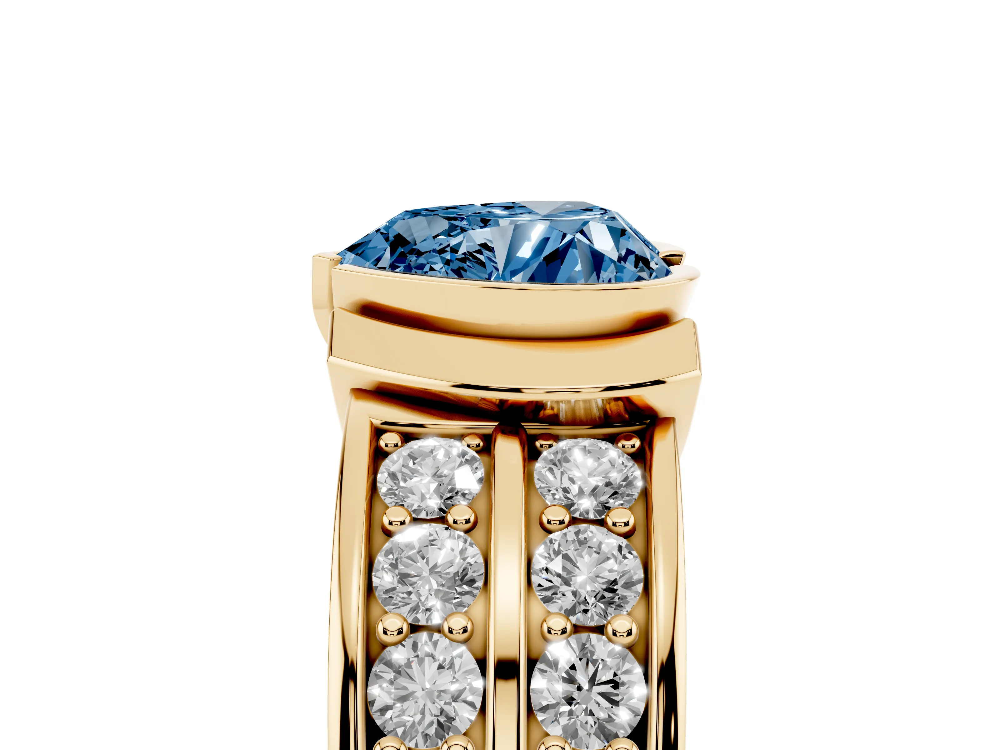 Fancy Blue Heart Cut Diamond Wide Channel Set Band Ring Set in Yellow gold with Bezel Setting