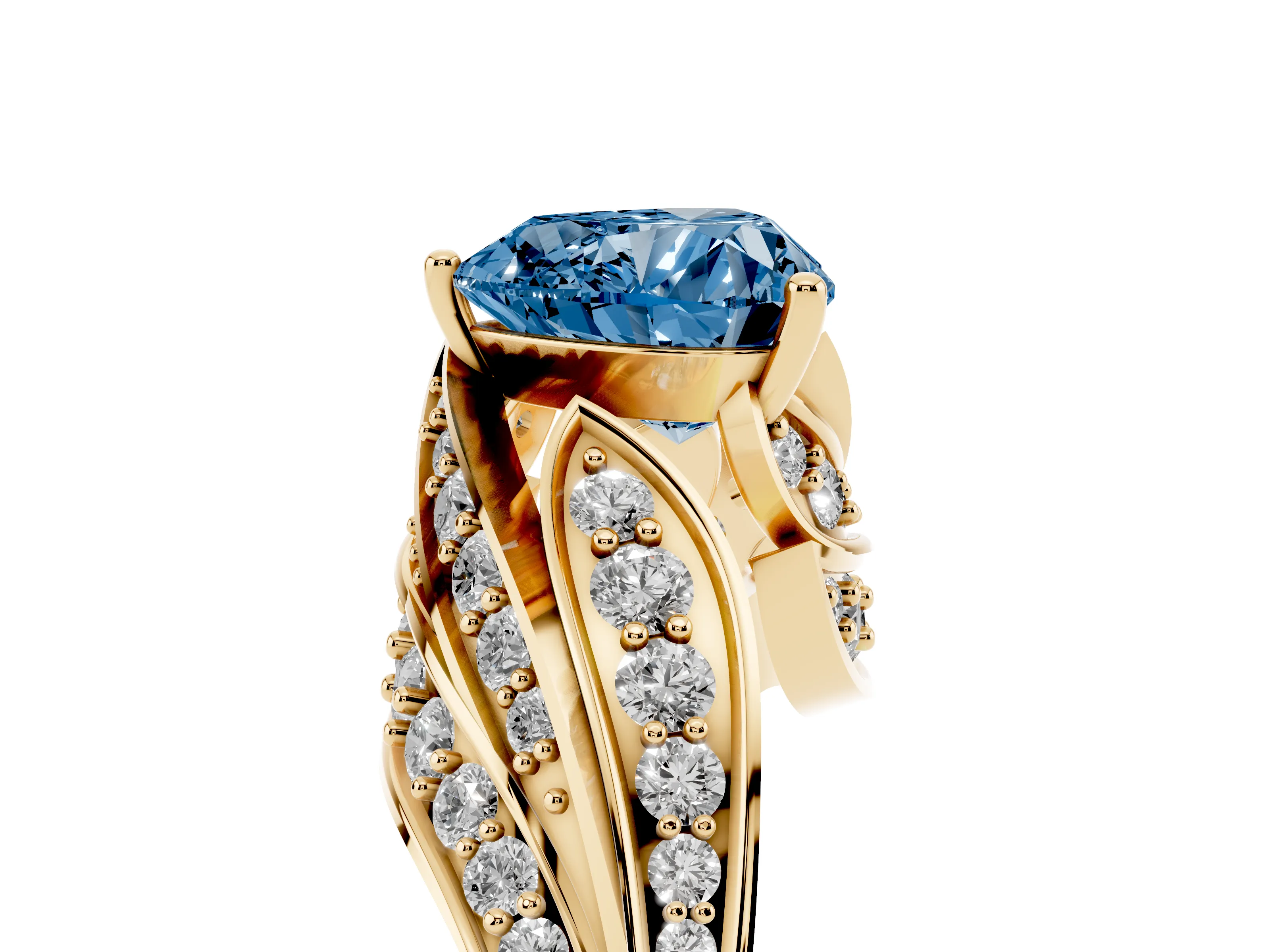 Fancy Blue Heart Cut Diamond Solitaire Ring Set in Yellow gold with Layered Twist Pavé Band