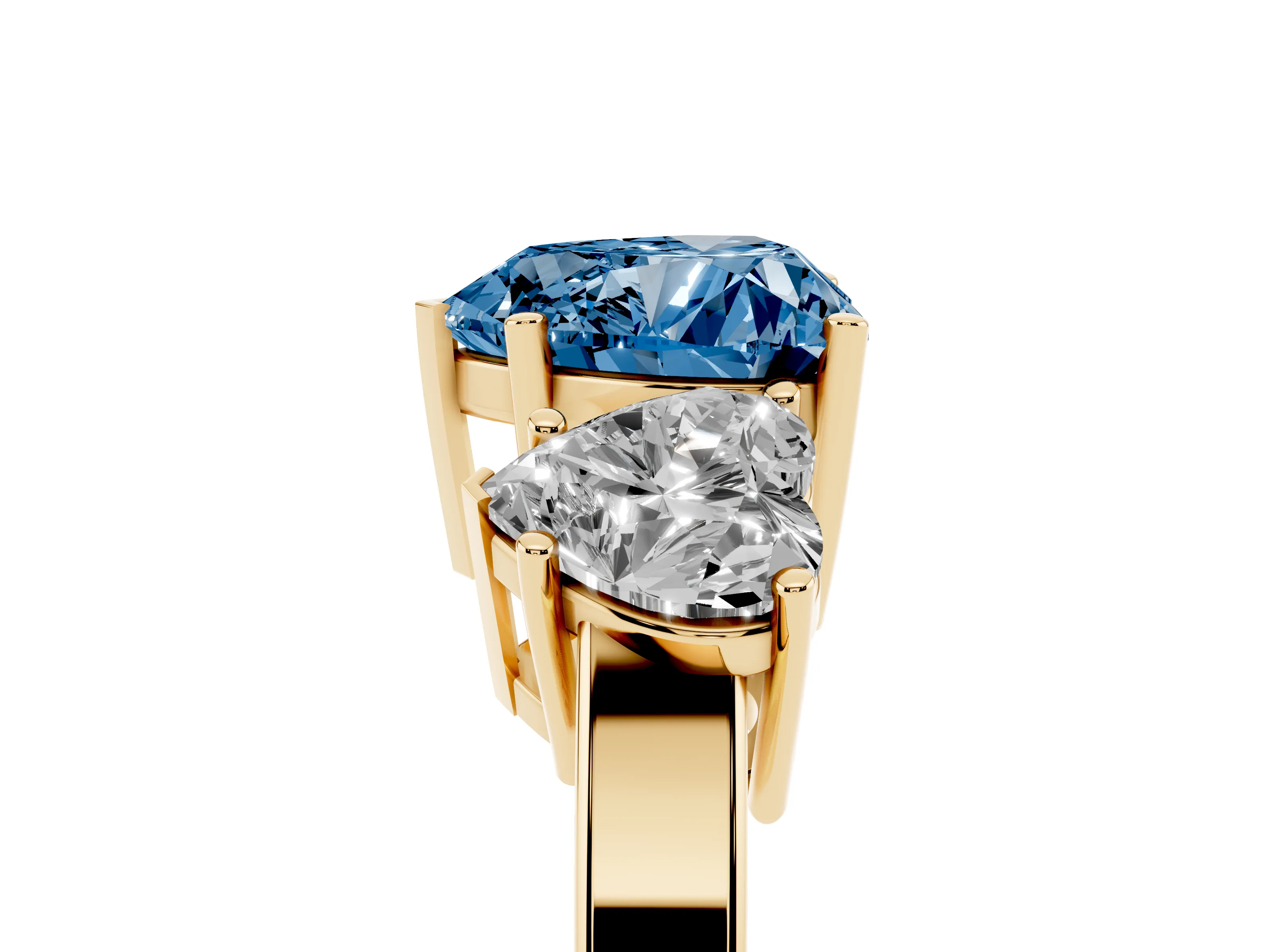 Fancy Blue Heart Cut Diamond Three-Stone Engagement Ring Set in Yellow gold with Flat Band
