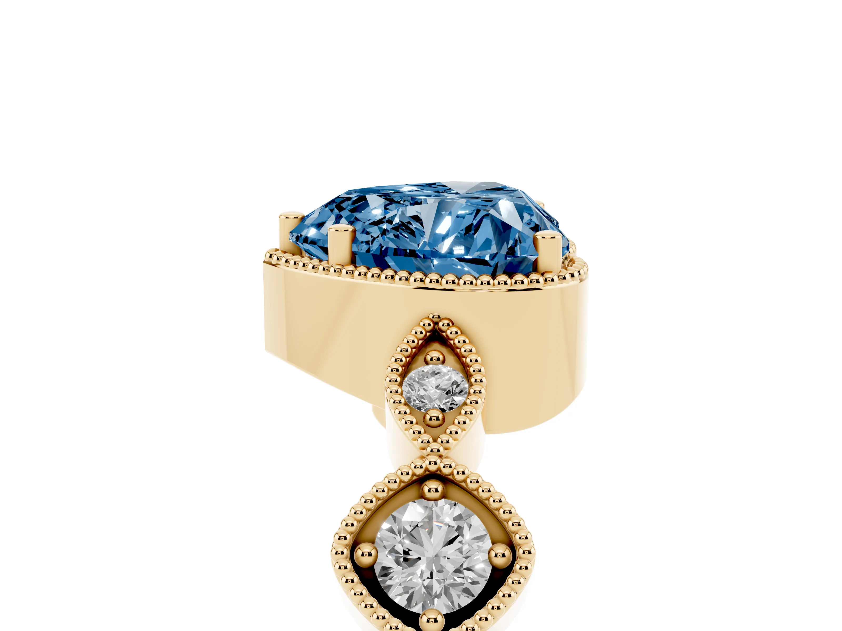 Fancy Blue Heart Cut Diamond Vintage-Inspired Milgrain Ring Set in Yellow gold with Marquise Stations of Round Accents