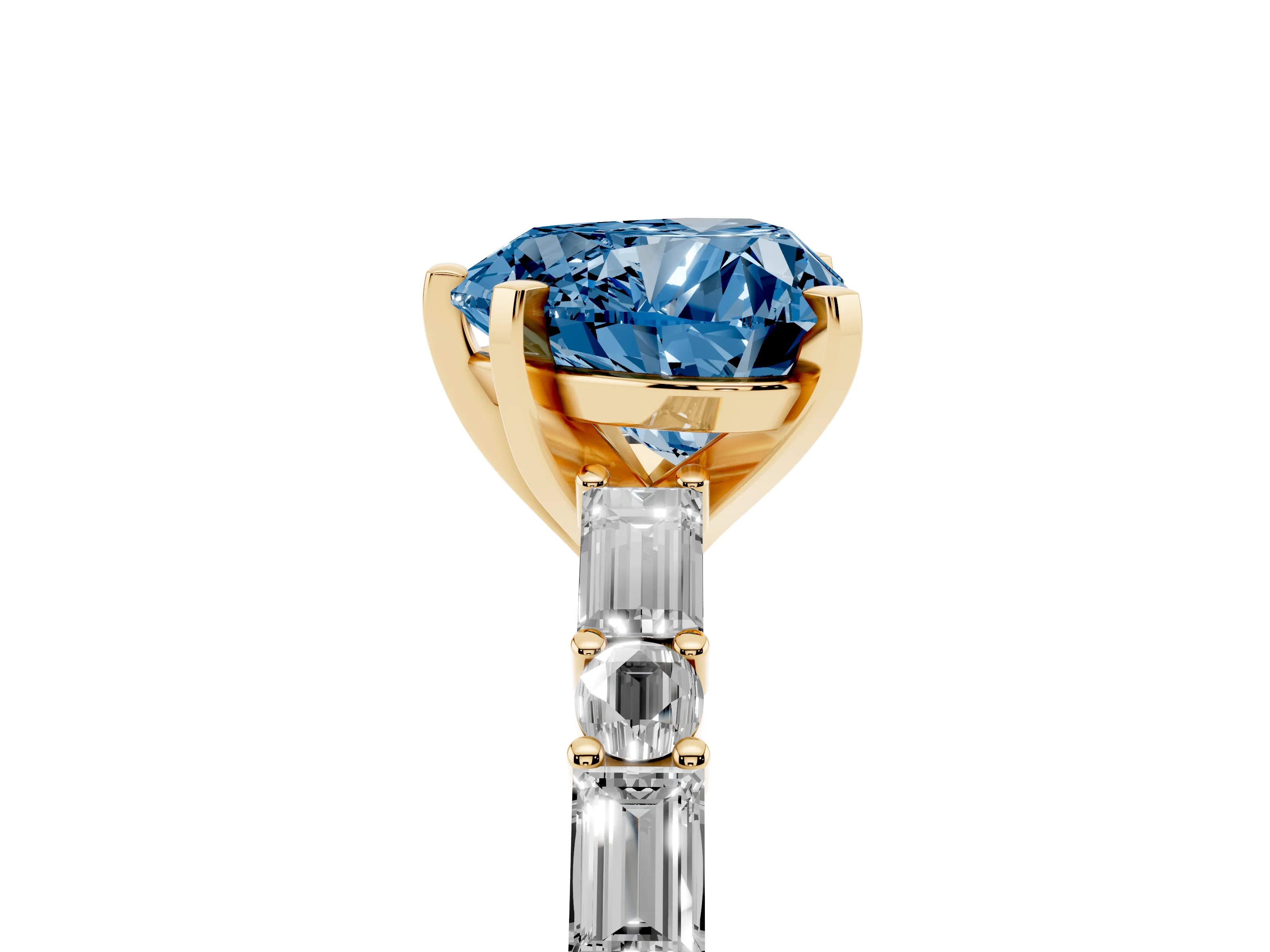 Fancy Blue Heart Cut Diamond Solitaire Set in Yellow gold with Side Baguettes and Channel Set Band