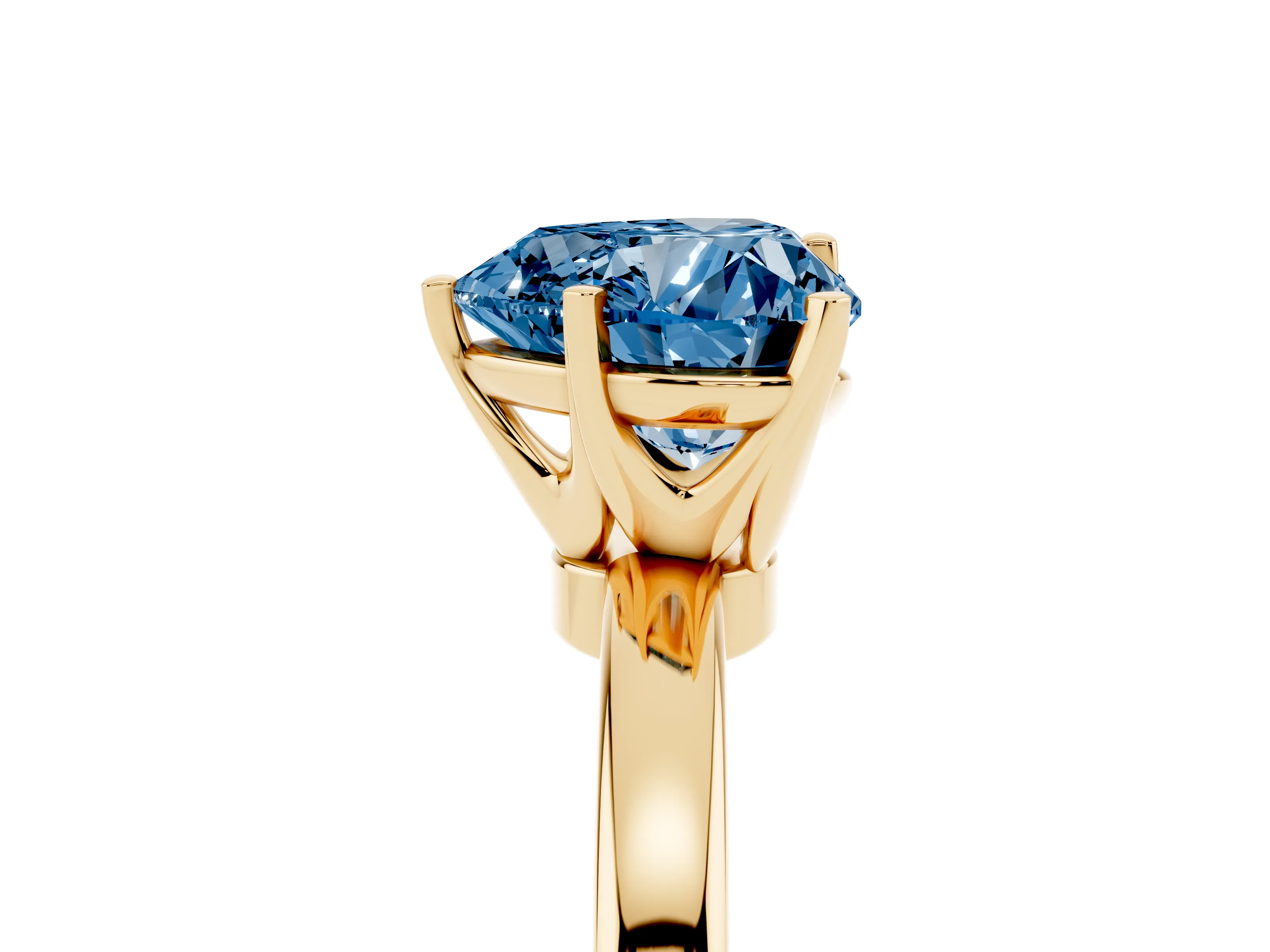 Fancy Blue Heart Cut Diamond Solitaire Ring Set in Yellow gold with Raised Prong Setting on a Classic Band