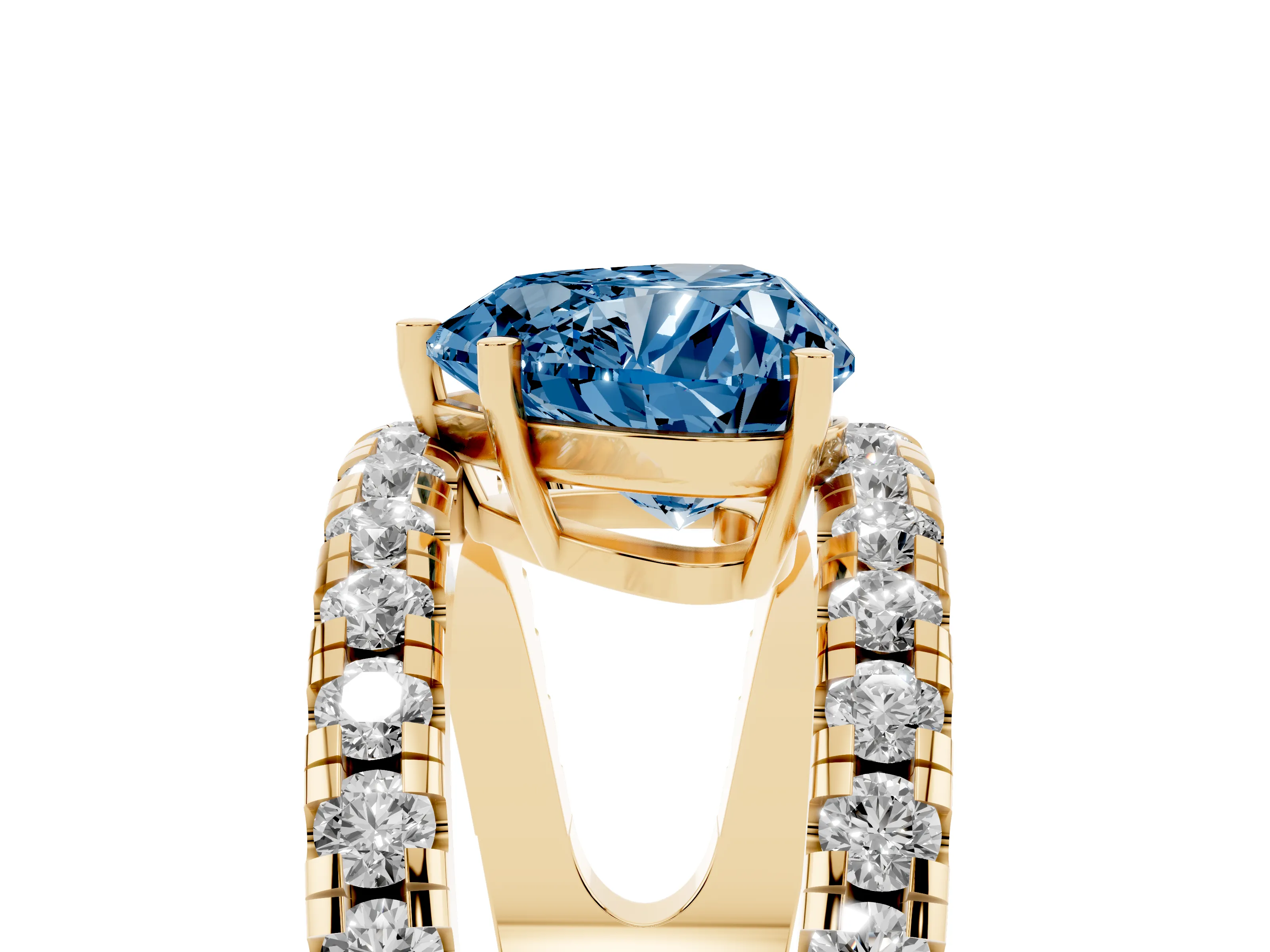 Fancy Blue Heart Cut Diamond Split Shank Pavé Solitaire Ring Set in Yellow gold with Open Shank Design