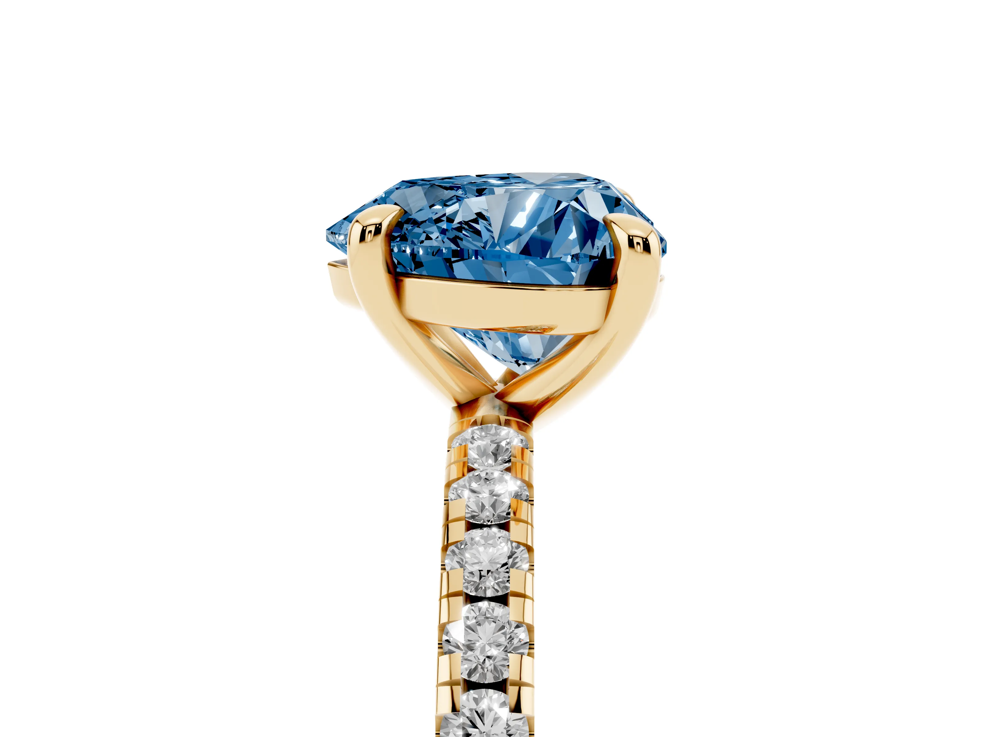 Fancy Blue Heart Cut Diamond Brilliant Solitaire Ring Set in Yellow gold with Pavé Band and Prong Setting