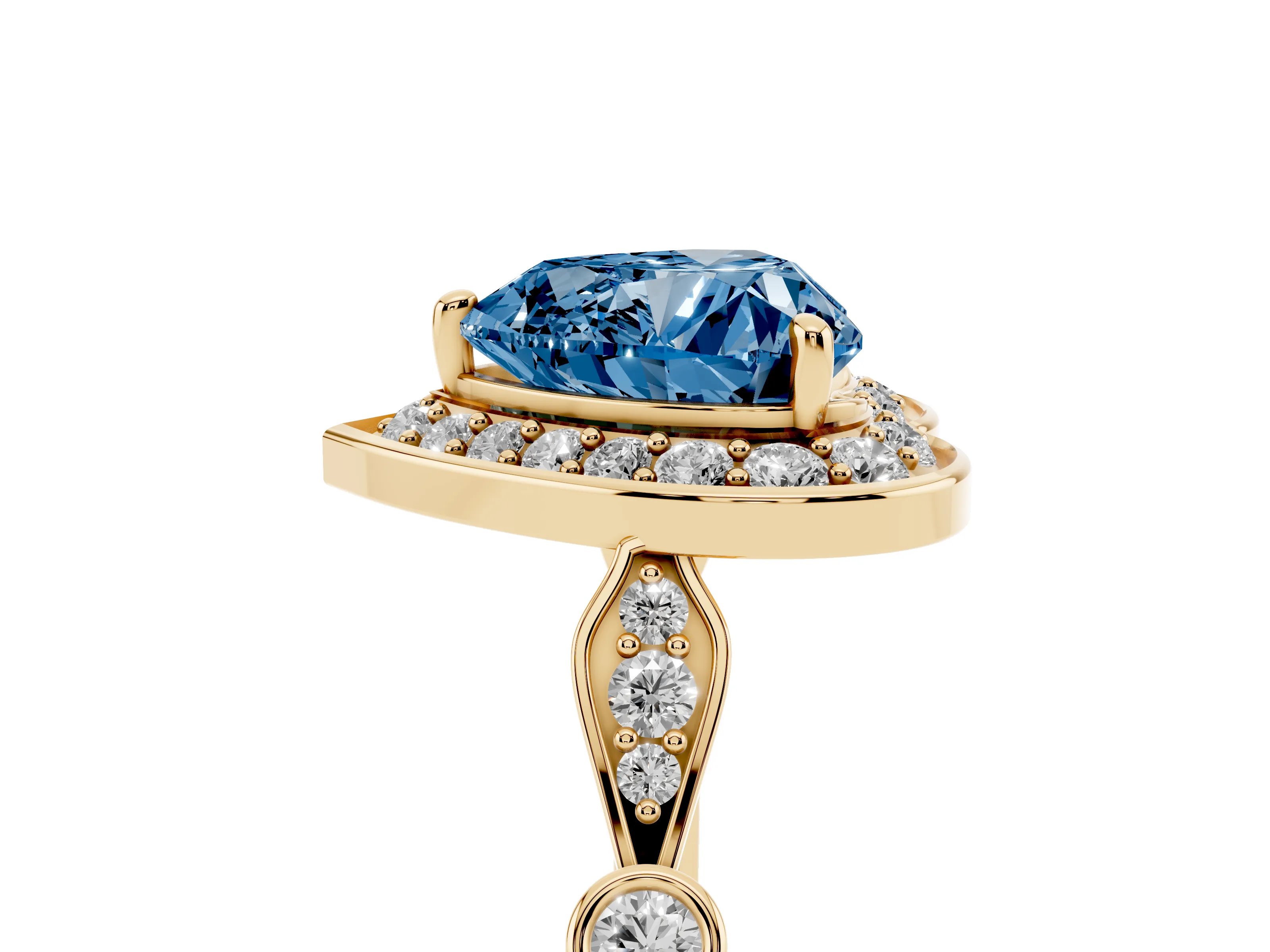 Fancy Blue Heart Cut Diamond Halo Engagement Ring Set in Yellow gold with Twisted Band and Prong Setting