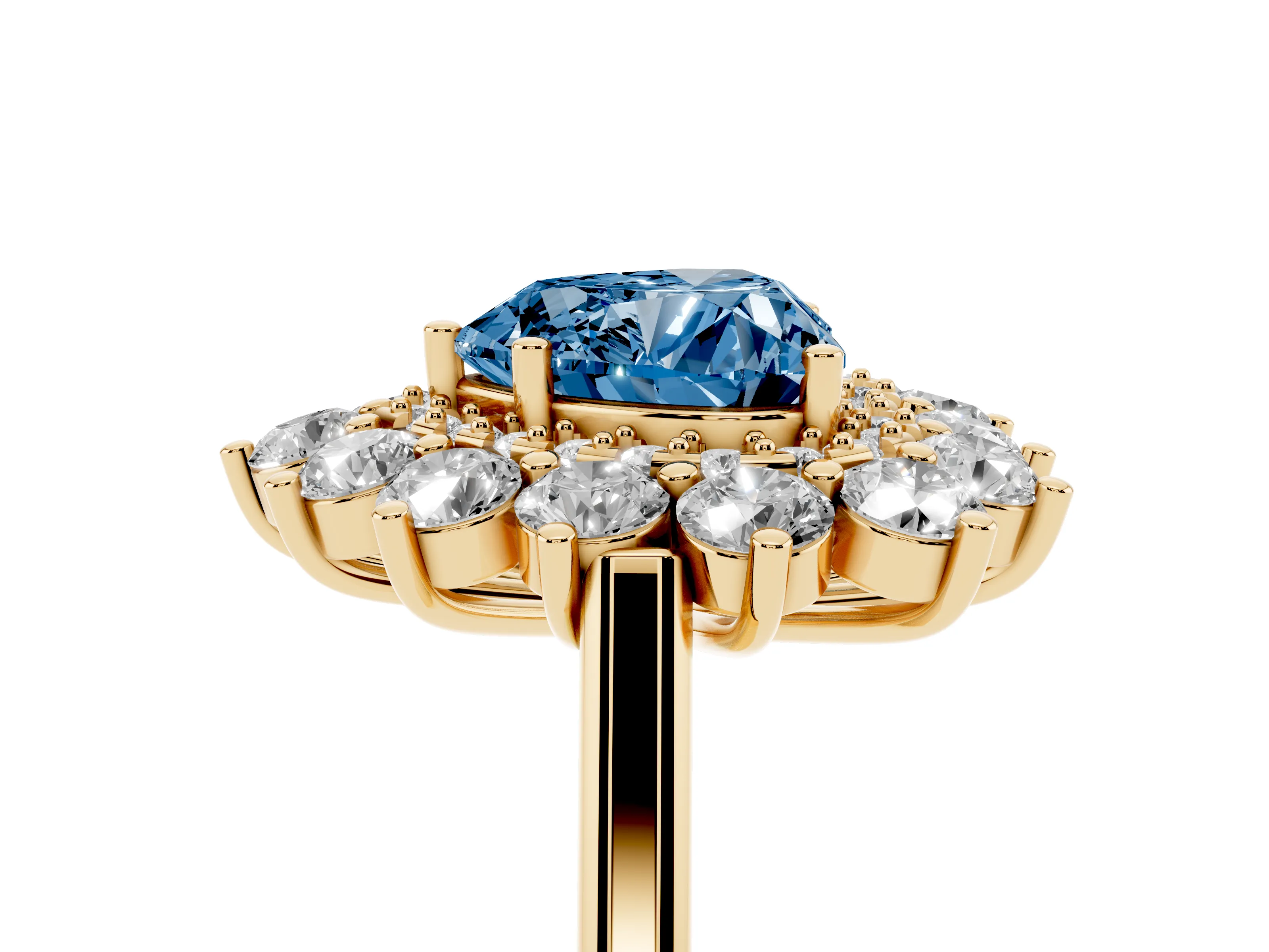 Fancy Blue Heart Cut Diamond Floral Double Halo Ring Set in Yellow gold with Round Petals