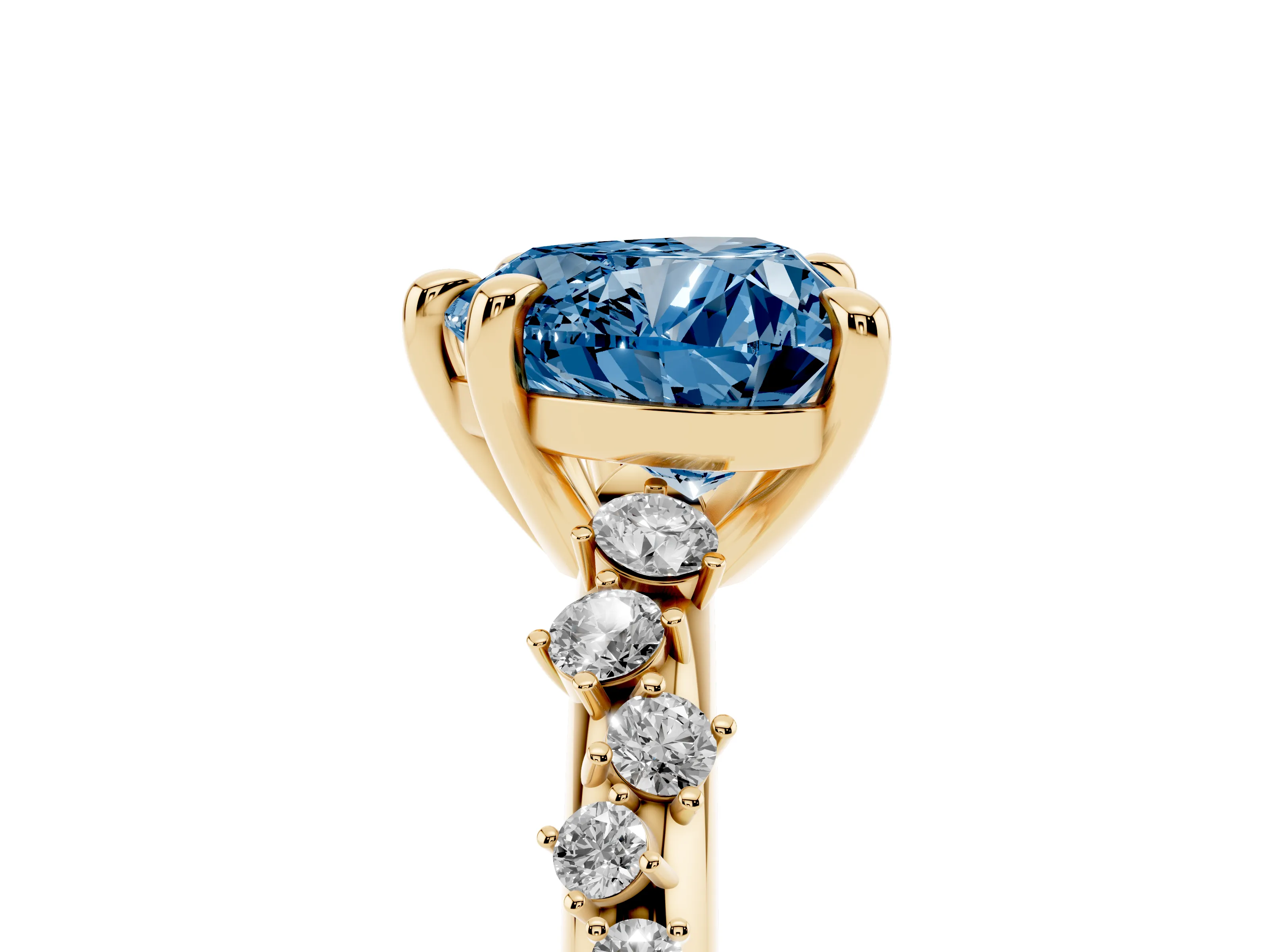 Fancy Blue Heart Cut Diamond Solitaire Vine Band Ring Set in Yellow gold with Round Accents and Prong Setting