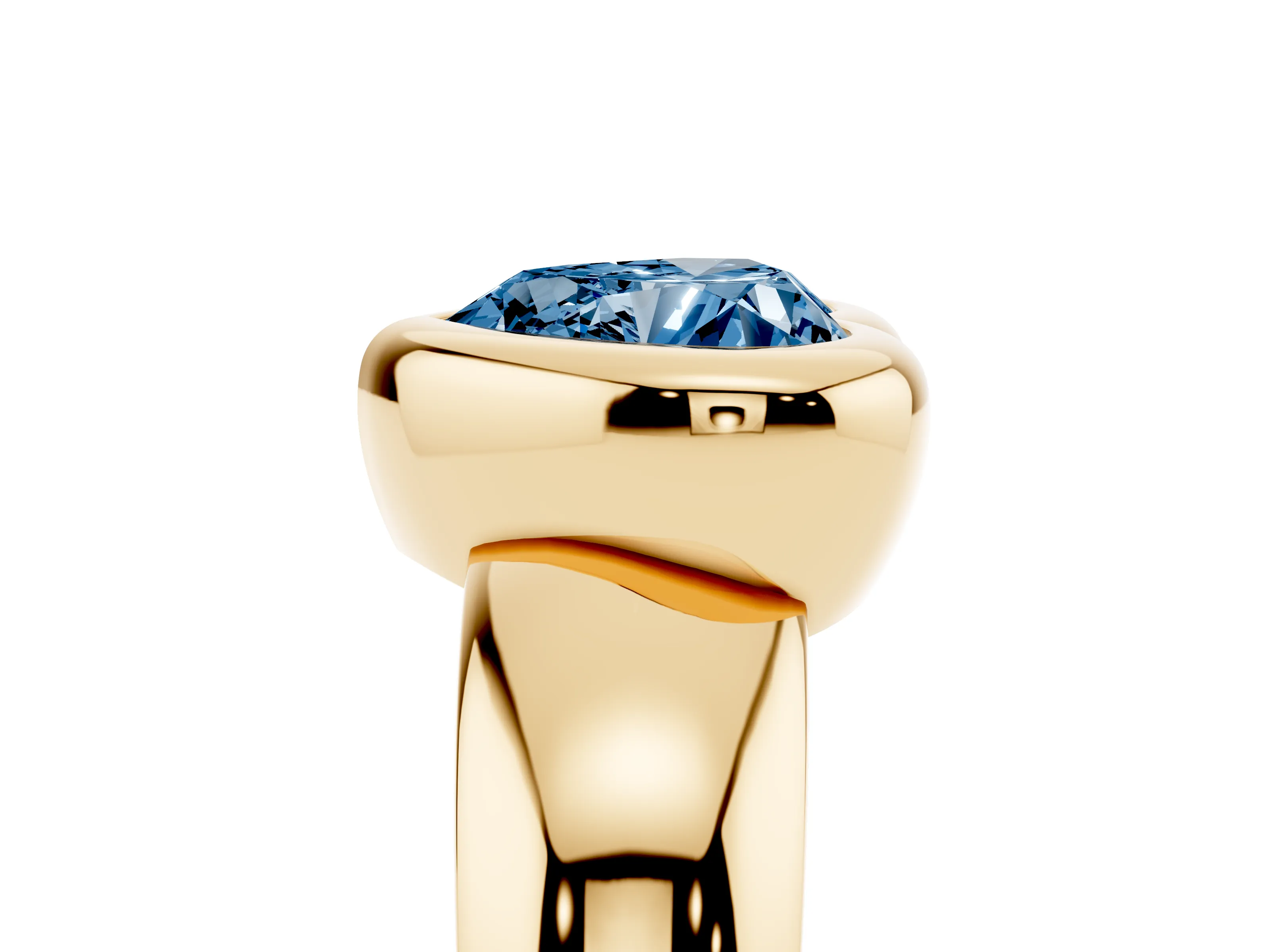 Fancy Blue Bezel Set Heart Cut Diamond Solitaire Ring Set in Yellow gold with Wide Band