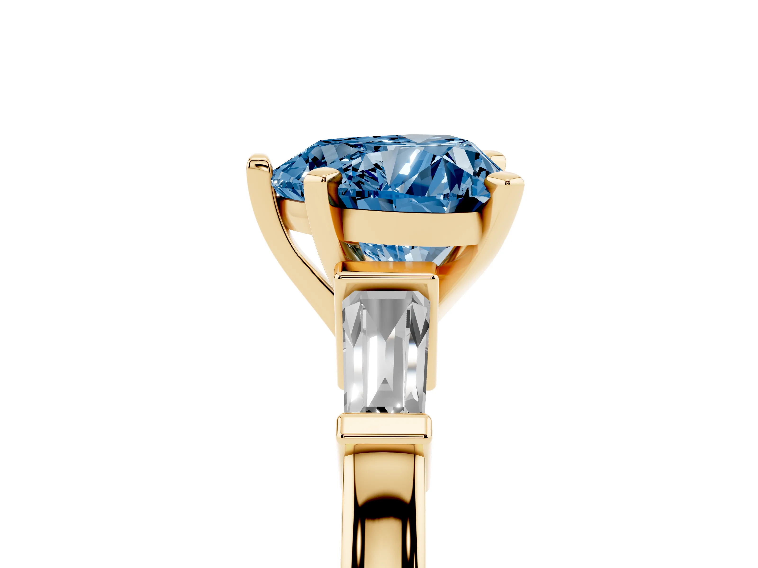 Fancy Blue Heart Cut Diamond Solitaire Ring Set in Yellow gold with Tapered Baguette Accents and Prong Setting