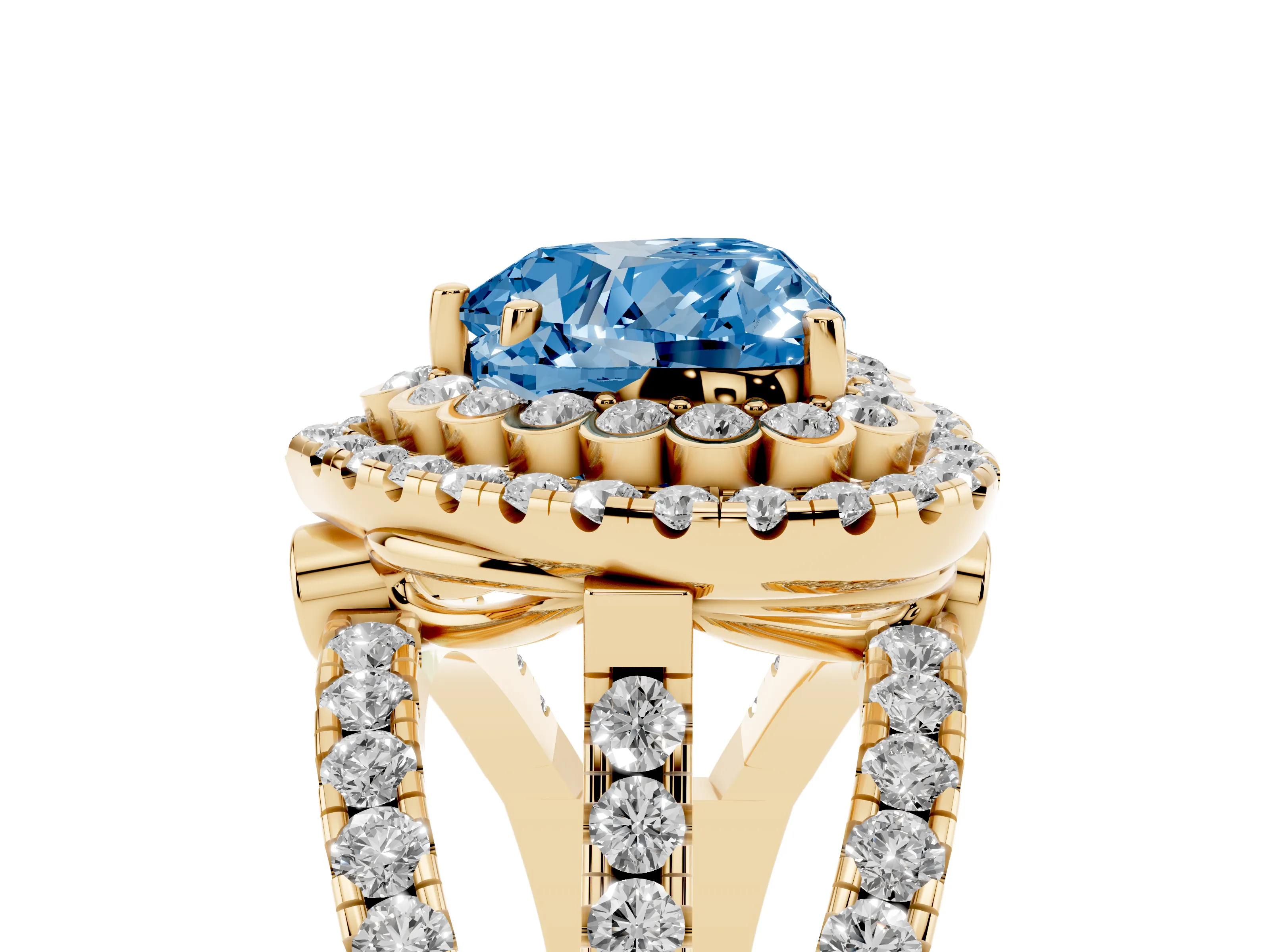Fancy Blue Heart Cut Diamond Double Halo Ring Set in Yellow gold with Round Pavé Split Shank