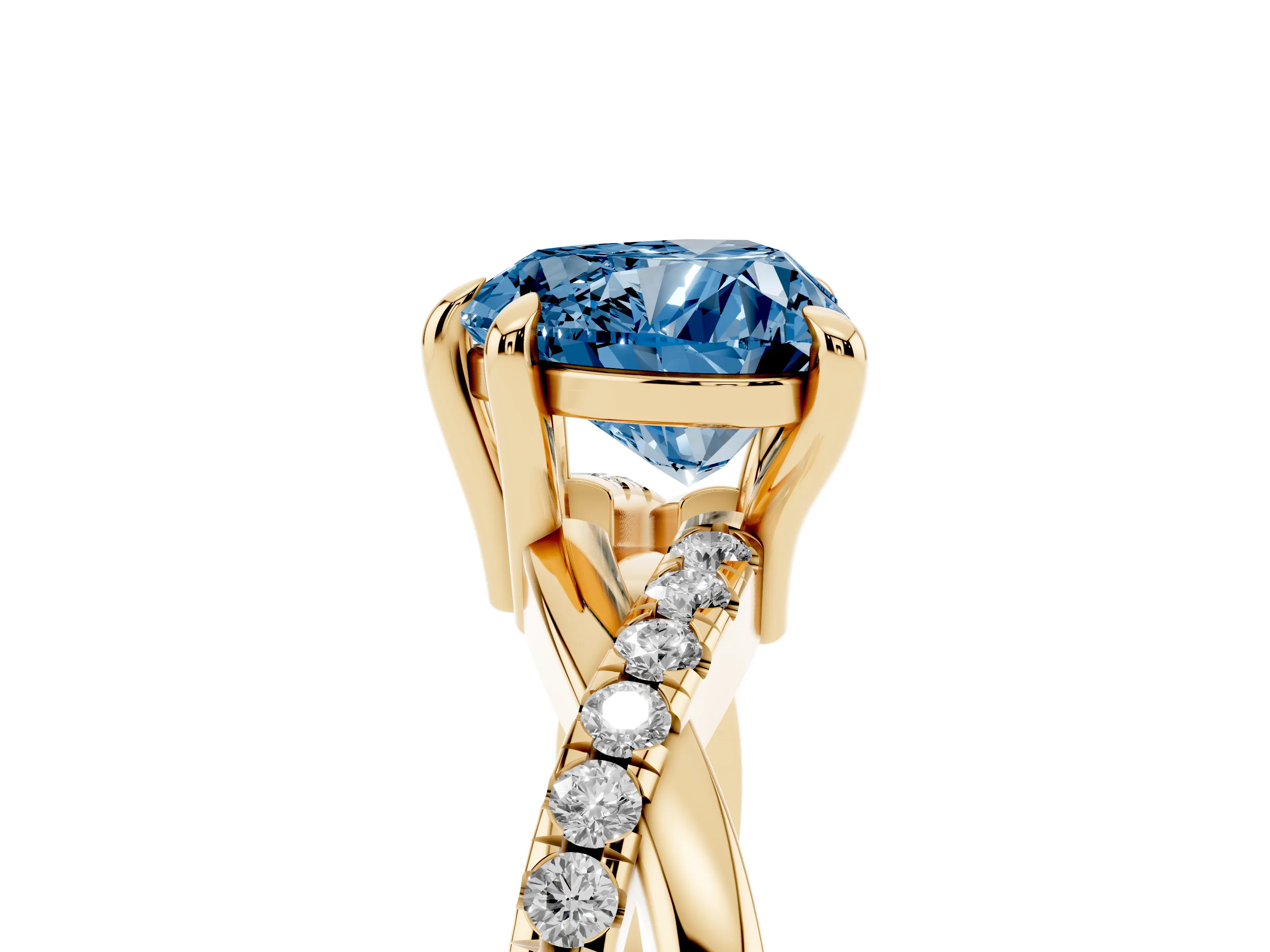 Fancy Blue Heart Cut Diamond Twist Band Solitaire Set in Yellow gold with Pavé Accents and Prong Setting