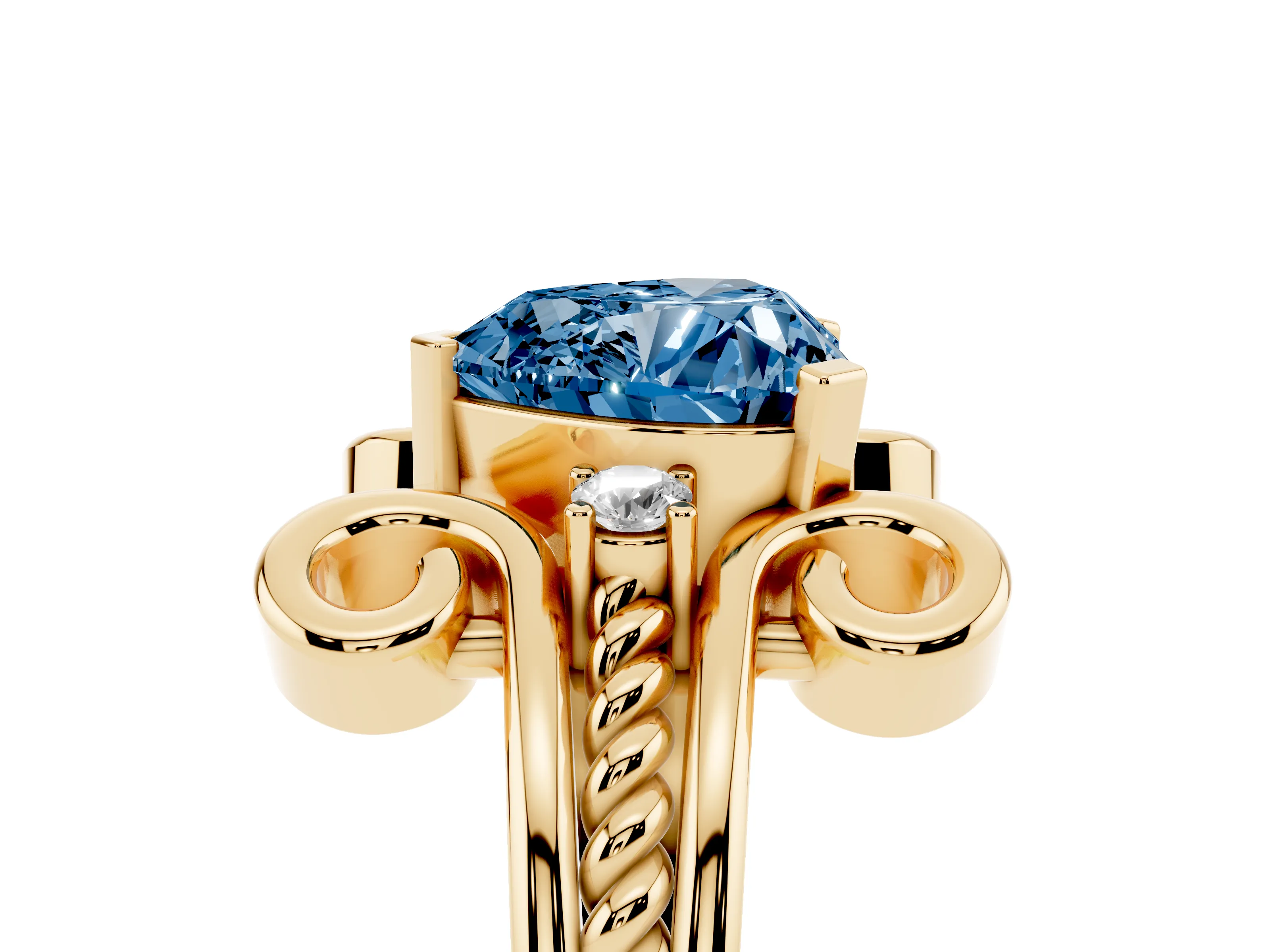 Fancy Blue Heart Cut Diamond Twisted Band Solitaire Ring Set in Yellow gold with Scroll Prongs