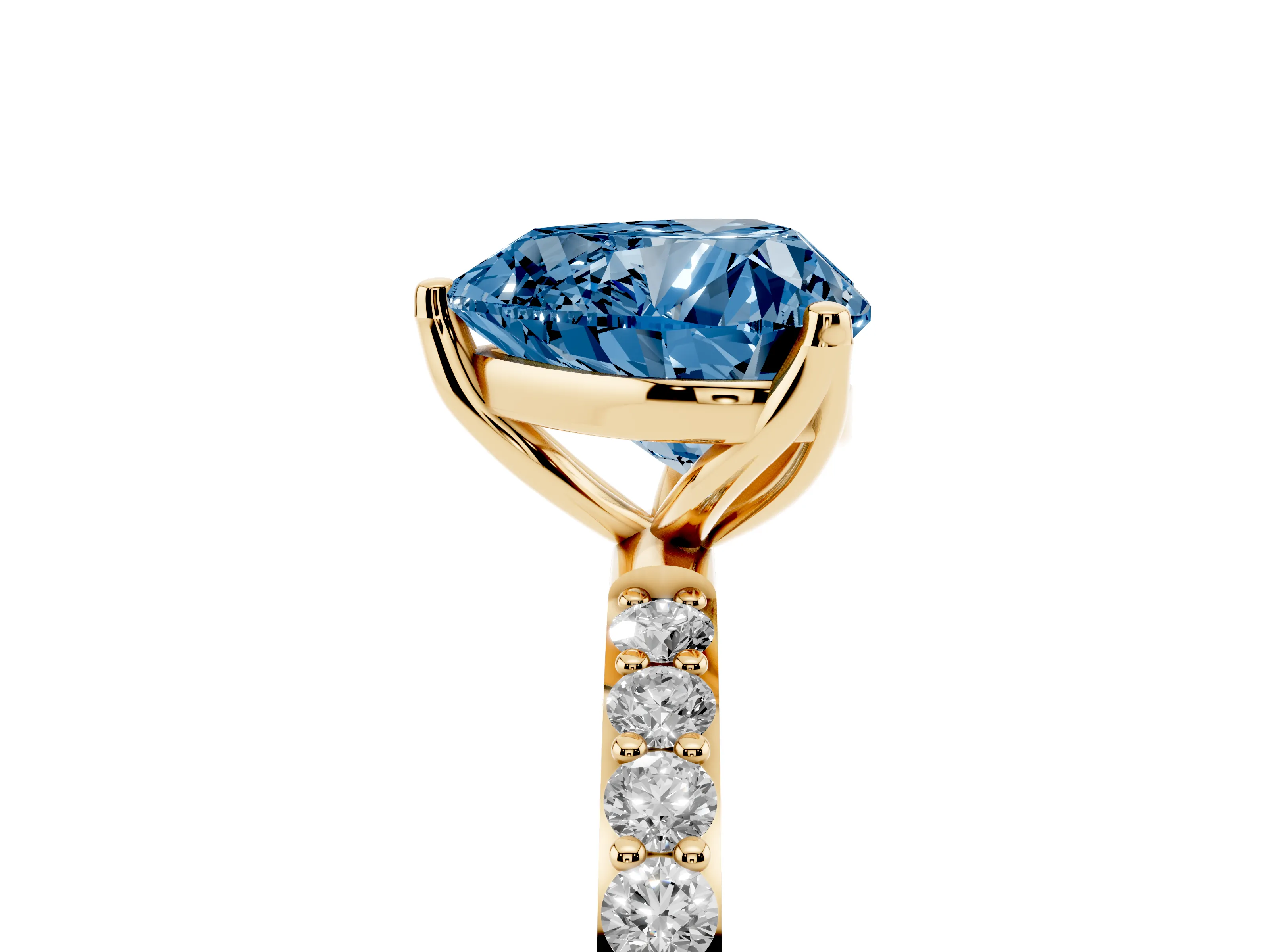 Fancy Blue Heart Cut Diamond Solitaire Engagement Ring Set in Yellow gold with Round Pavé Band and Prong Setting