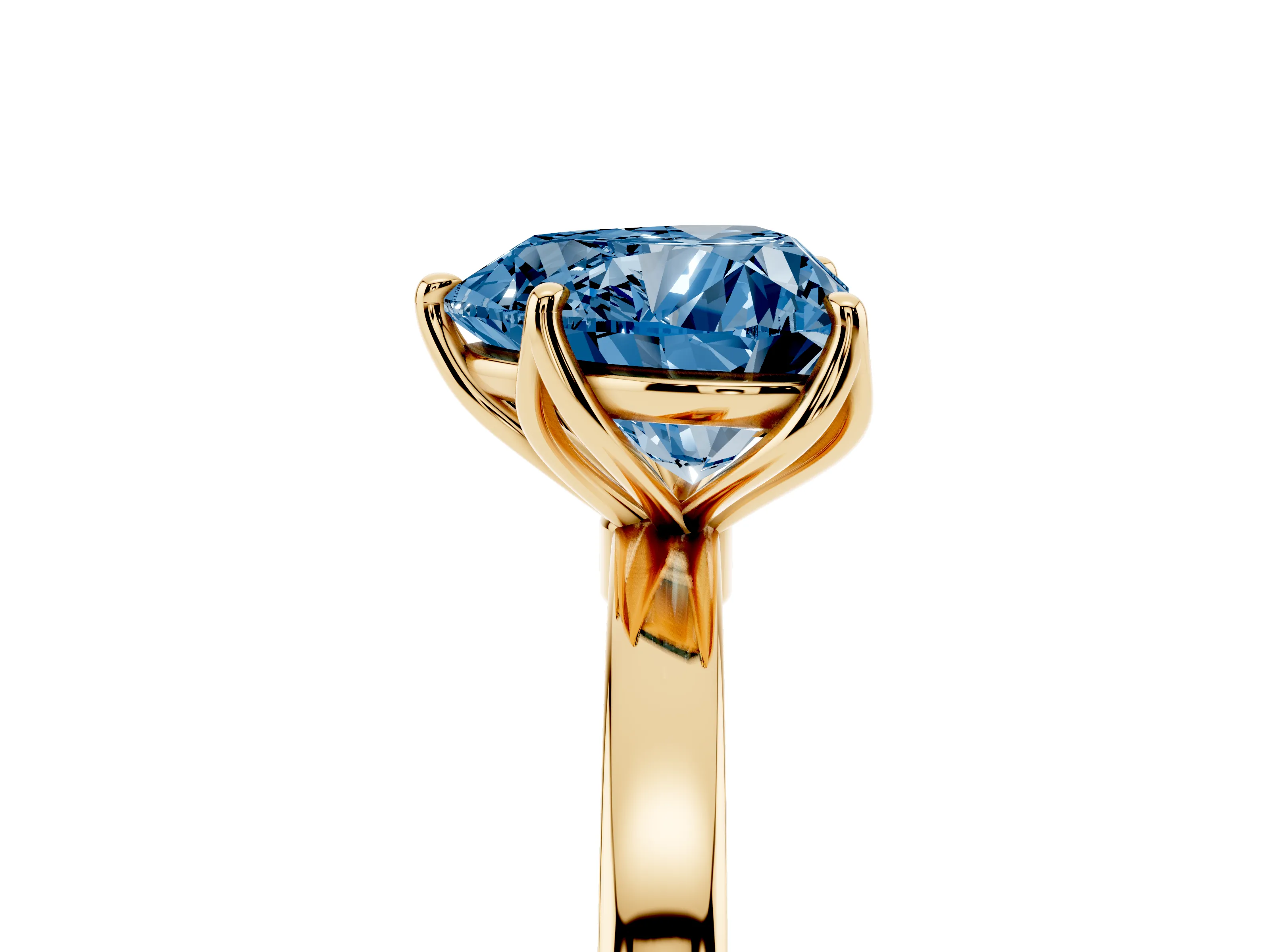 Fancy Blue Heart Cut Diamond Solitaire Ring Set in Yellow gold with Prong Setting and Thin Polished Band