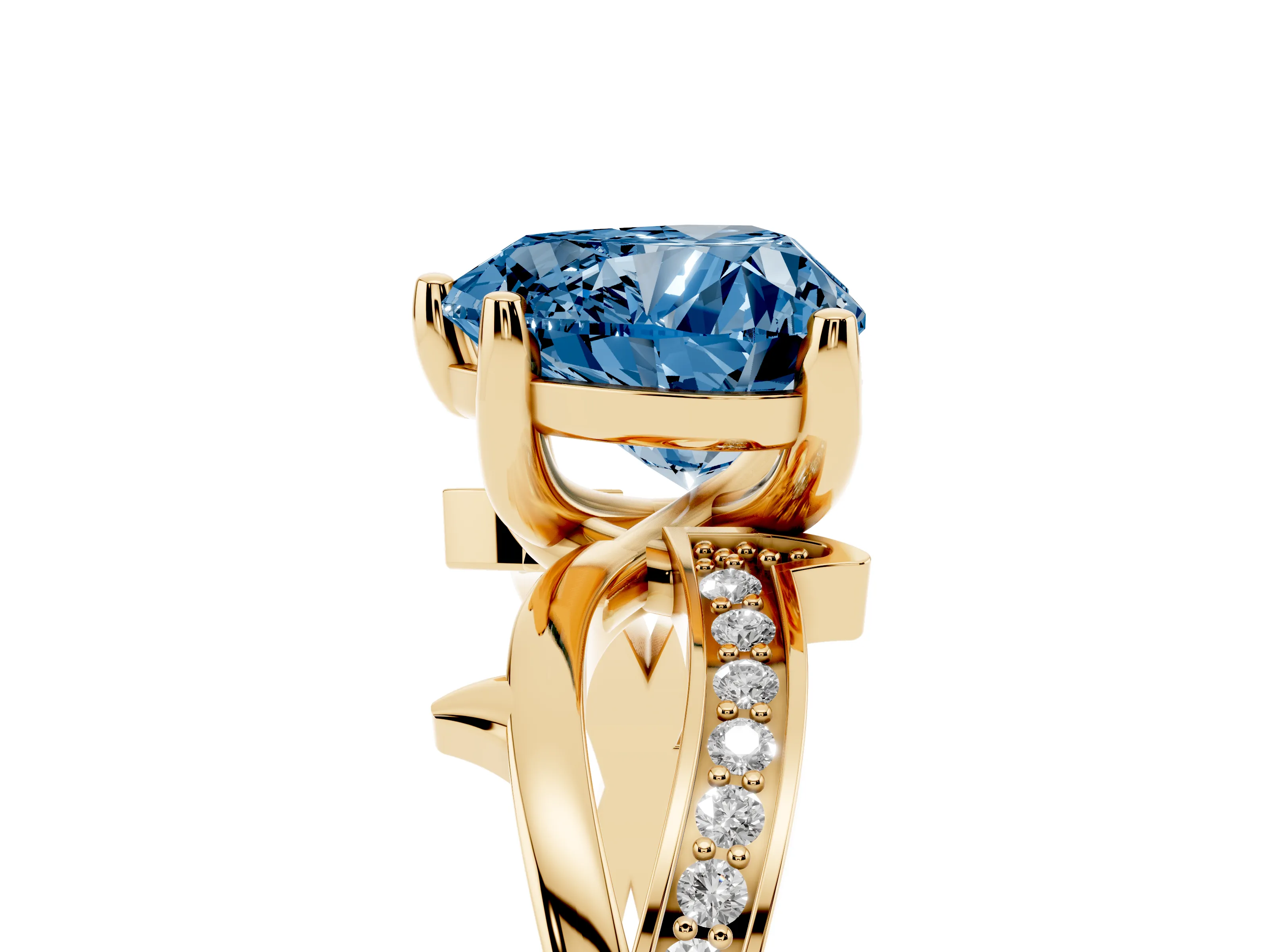 Fancy Blue Heart Cut Diamond Pavé Twist Band Solitaire Ring Set in Yellow gold with Prong Setting