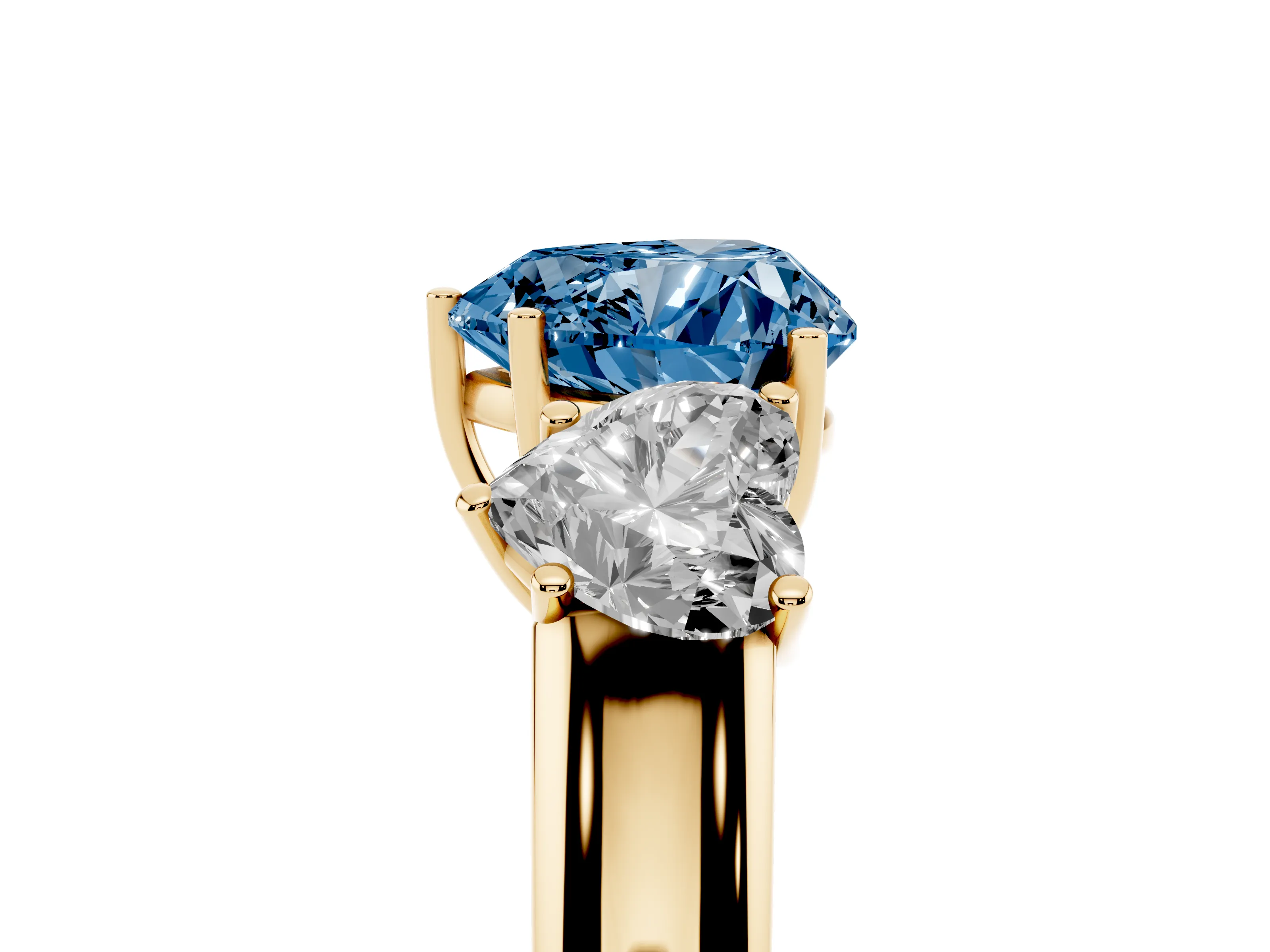 Fancy Blue Three-Stone Heart Cut Diamond Ring Set in Yellow gold with Matching Prong Settings and Plain Band