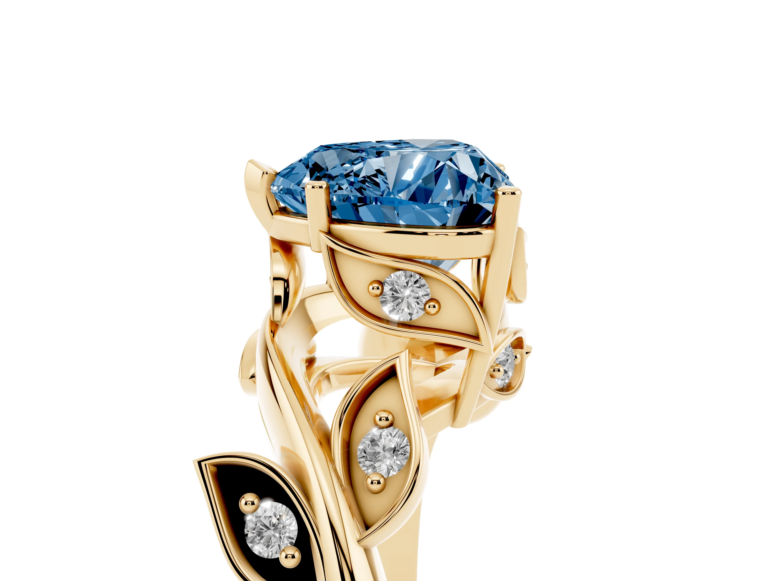 Fancy Blue Heart Cut Diamond Solitaire Twist Engagement Ring Set in Yellow gold with Pavé Leaf Accents