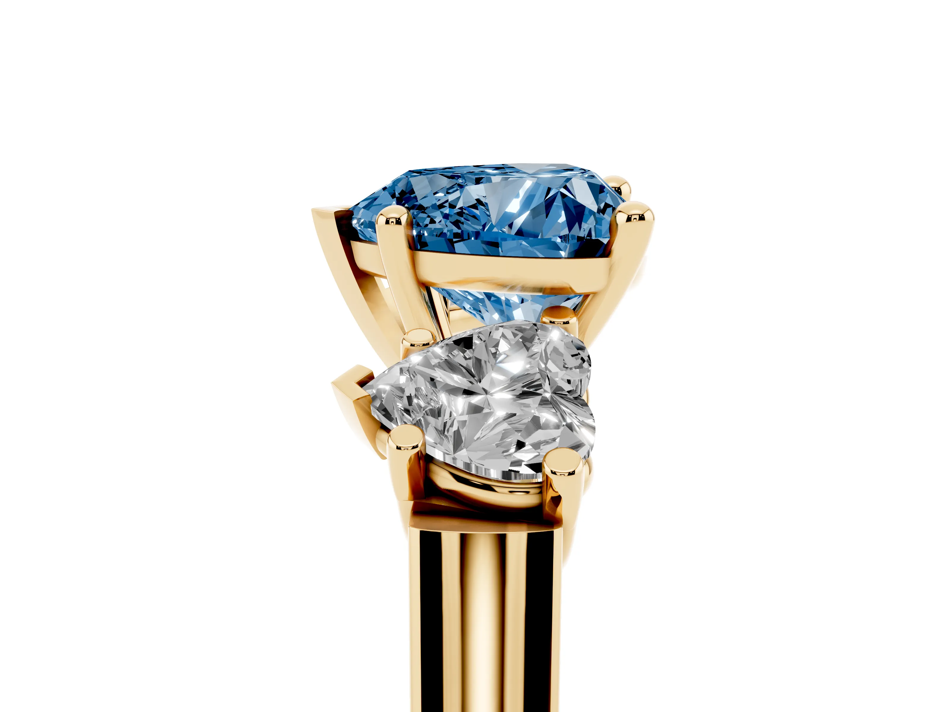 Fancy Blue Heart Cut Diamond Three-Stone Trellis Ring Set in Yellow gold with Comfort Fit Band