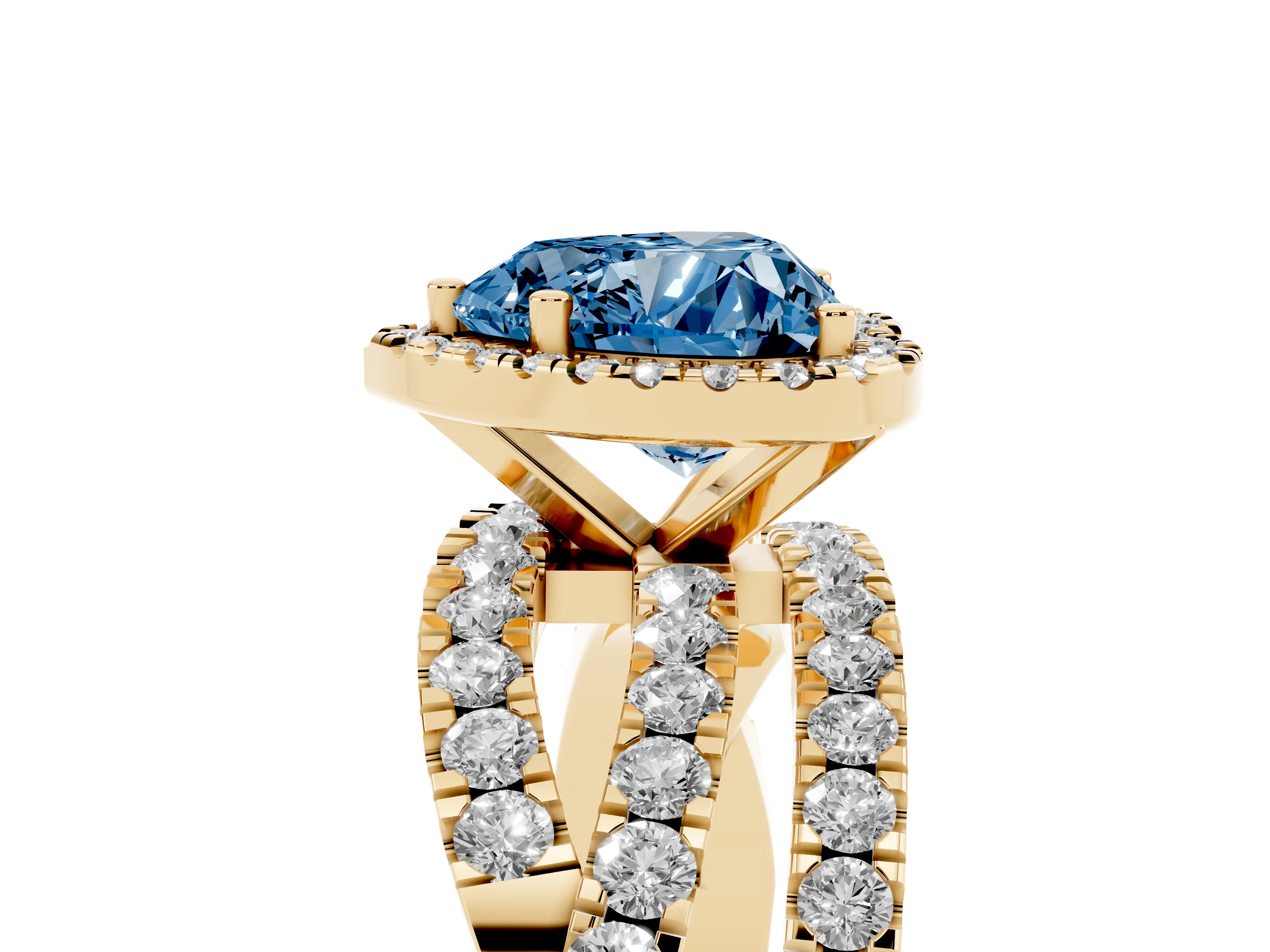Fancy Blue Heart Cut Diamond Halo Ring Set in Yellow gold with Round Crossover Split Shank and Prong Setting