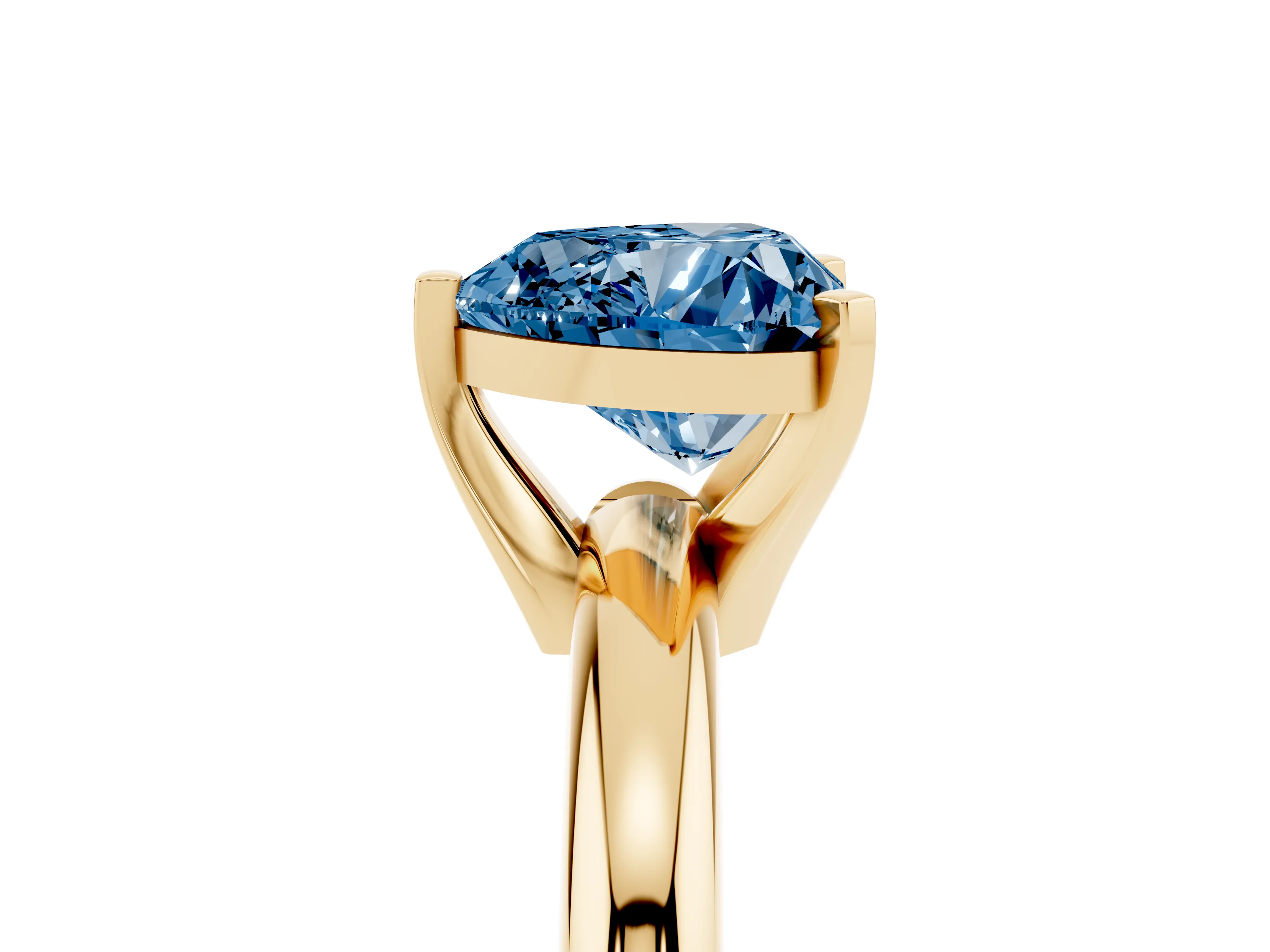 Fancy Blue Heart Cut Diamond Solitaire Engagement Ring Set in Yellow gold with Round Band and Prong Setting