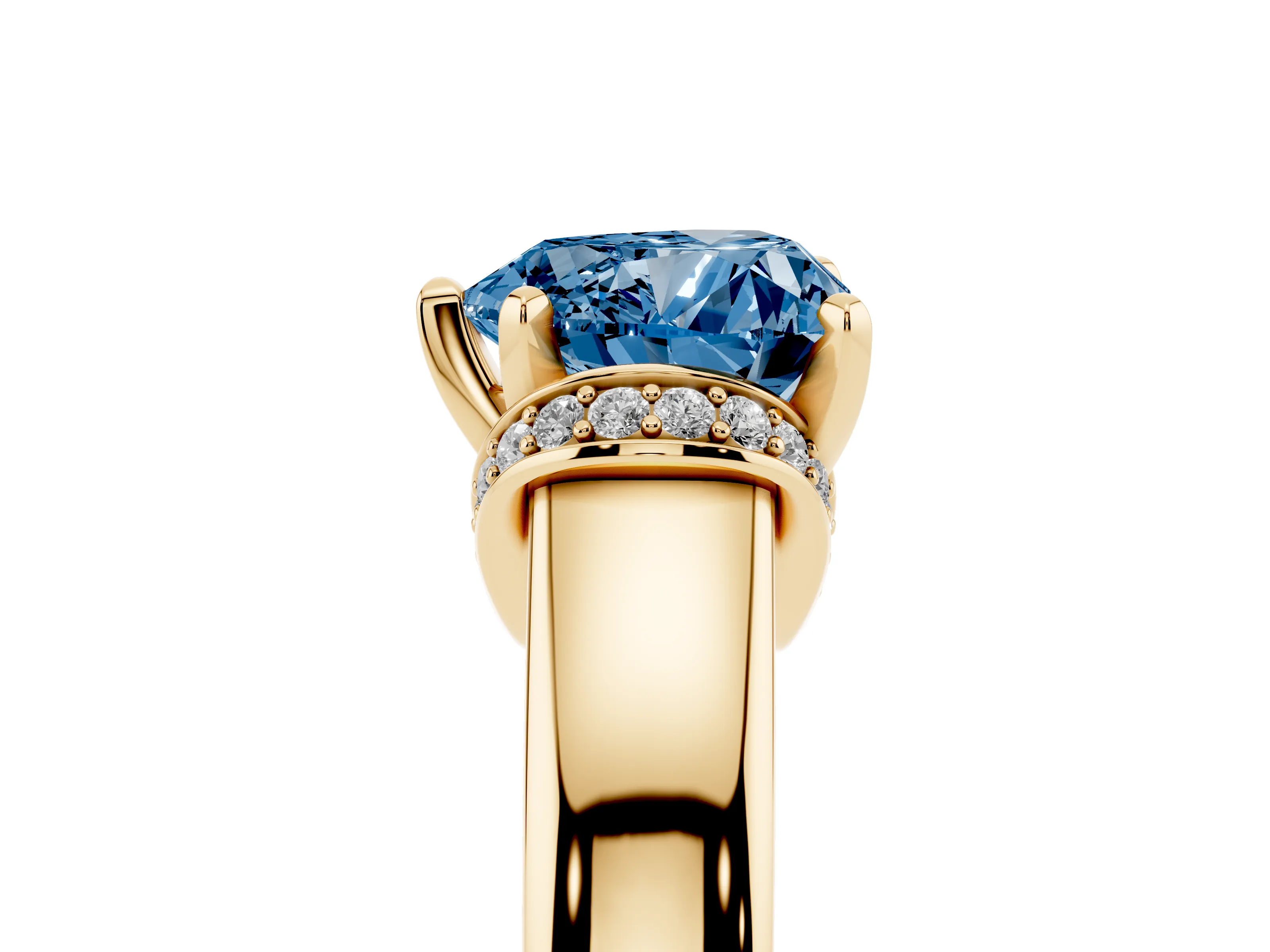 Fancy Blue Heart Cut Diamond Pavé Band Solitaire Ring Set in Yellow gold with Prong Setting
