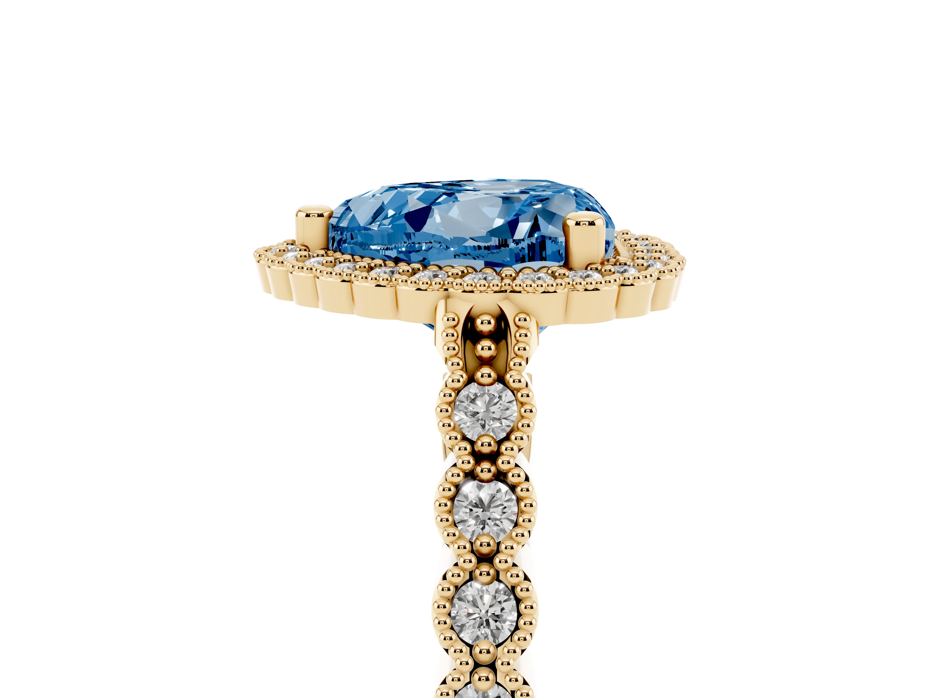 Fancy Blue Heart Cut Diamond Halo Ring Set in Yellow gold with Pavé Milgrain Band