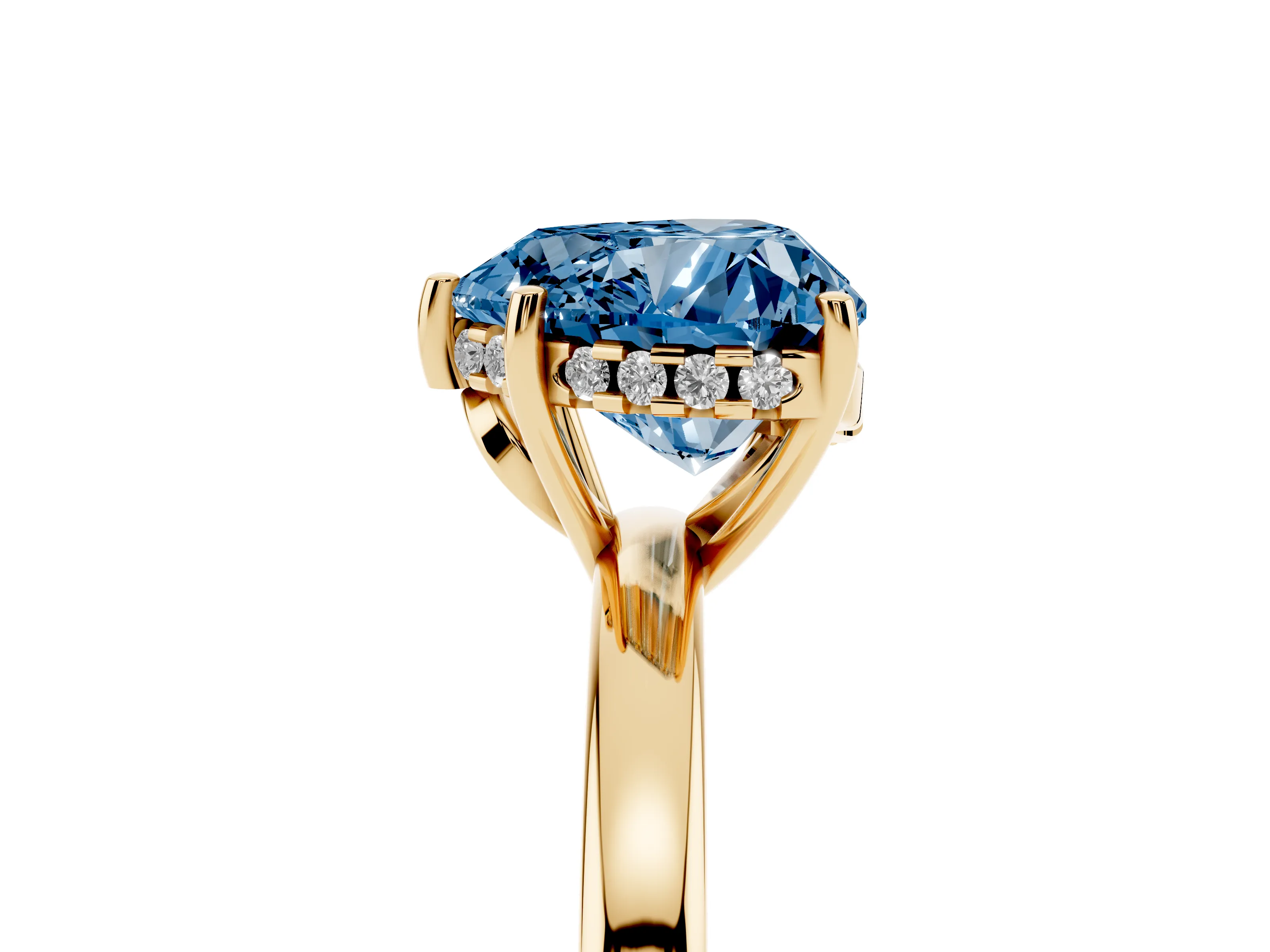 Fancy Blue Heart Cut Diamond Solitaire Ring Set in Yellow gold with Plain Band and Prong Setting
