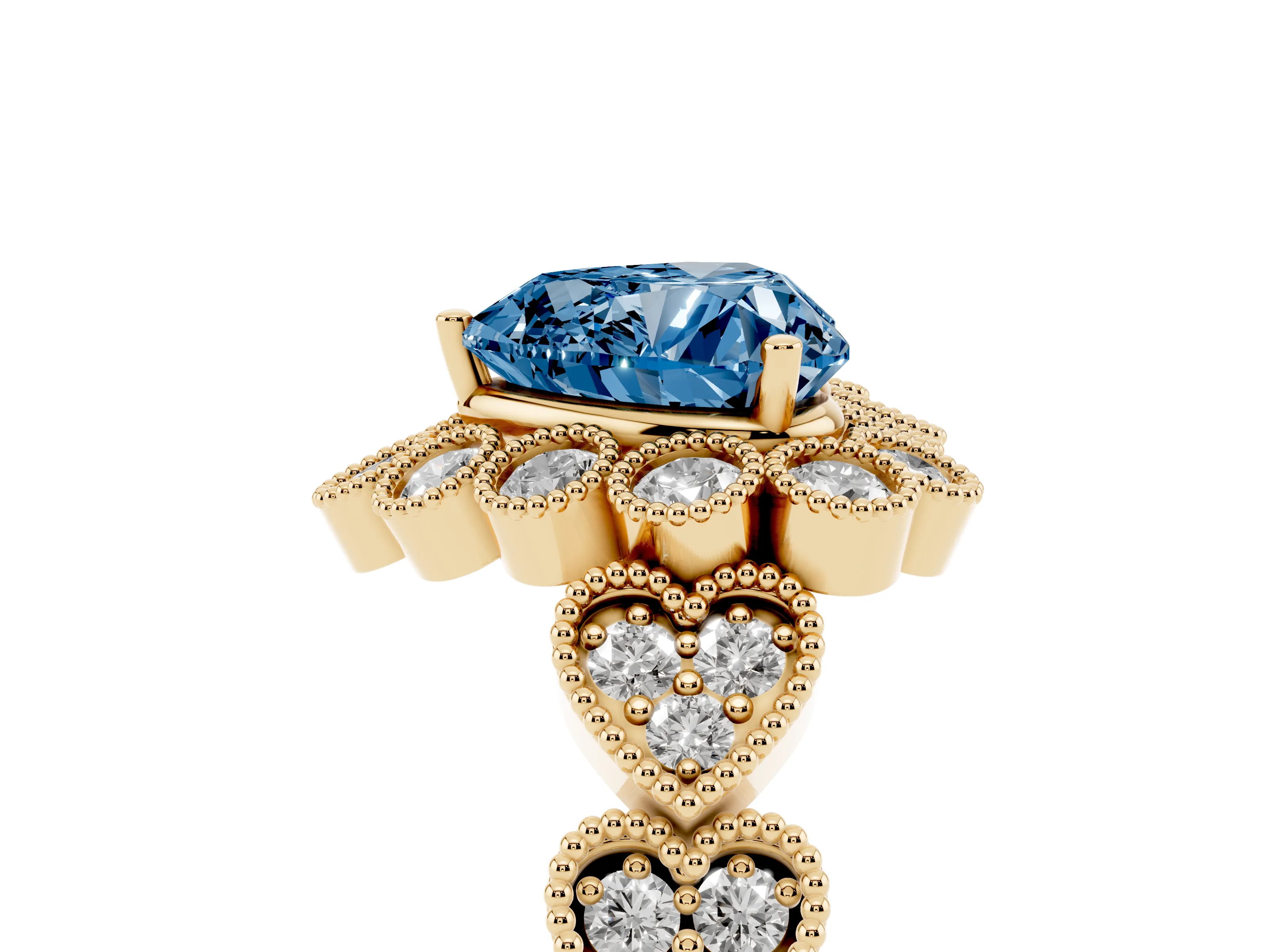 Fancy Blue Heart Cut Diamond Solitaire Ring Set in Yellow gold with Milgrain Pavé Heart Band