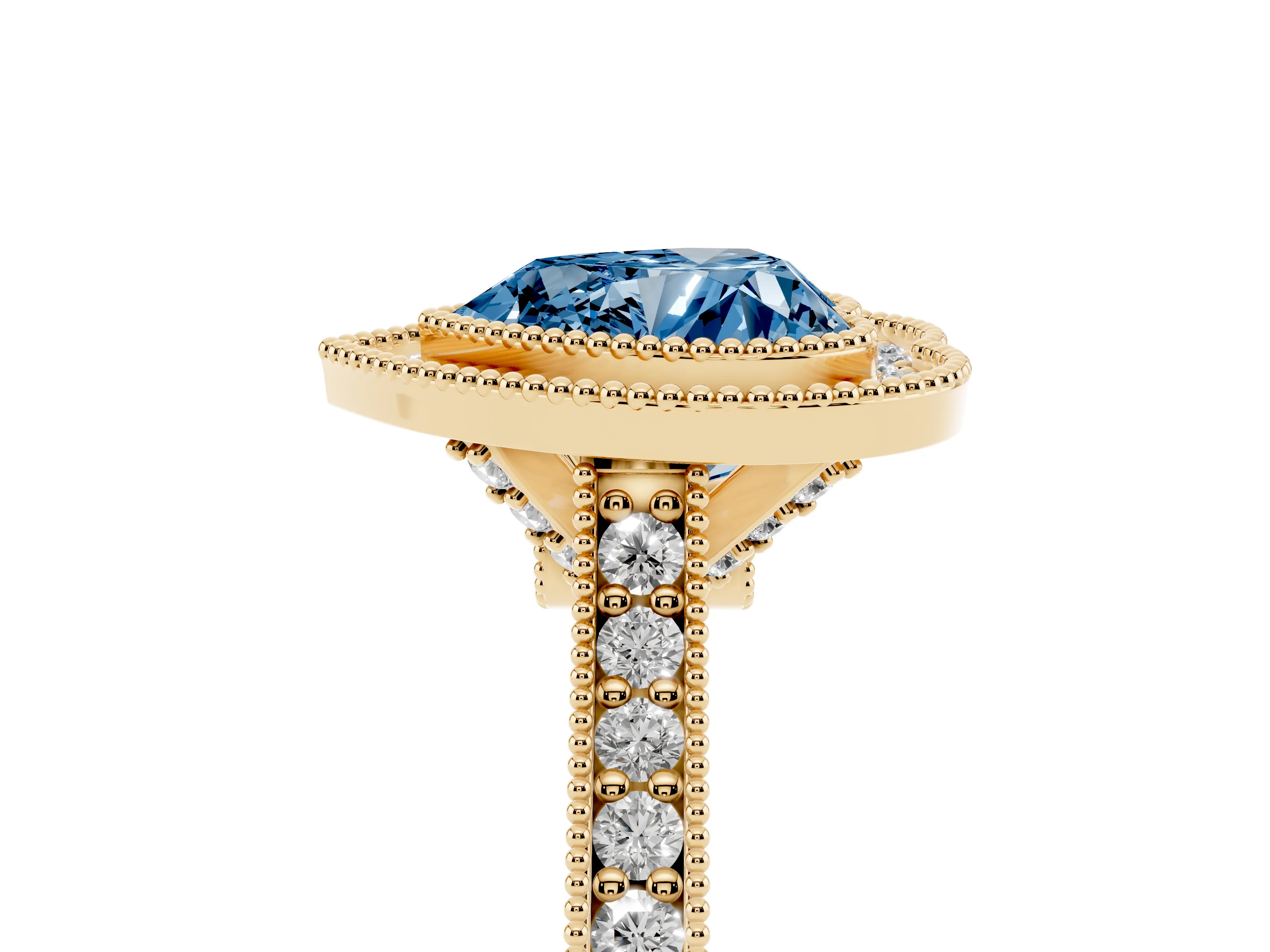 Fancy Blue Heart Cut Diamond Halo Milgrain Pavé Band Ring Set in Yellow gold with Prong Setting