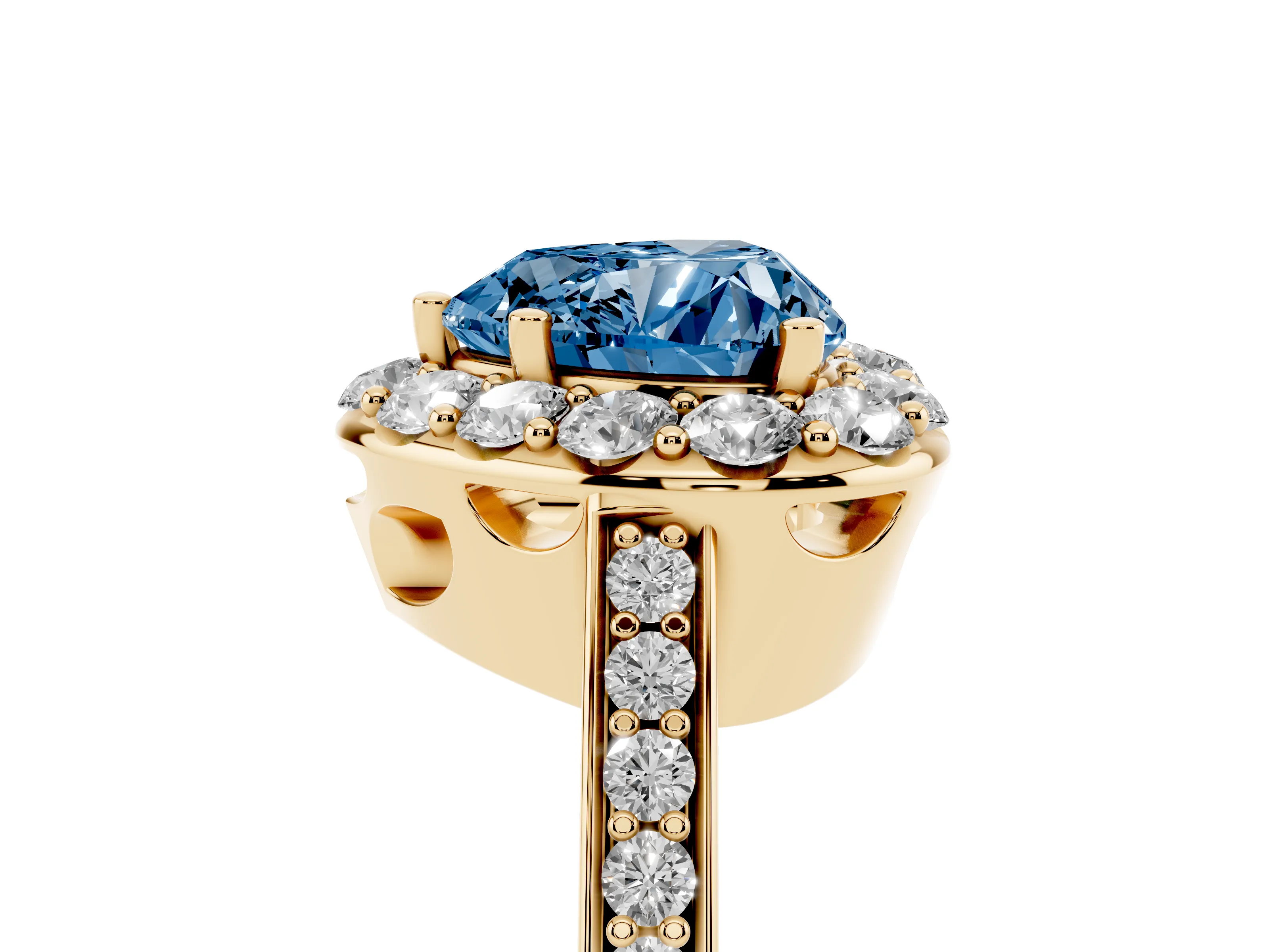 Fancy Blue Heart Cut Diamond Floral Halo Ring Set in Yellow gold with Pavé Band and Prong Setting