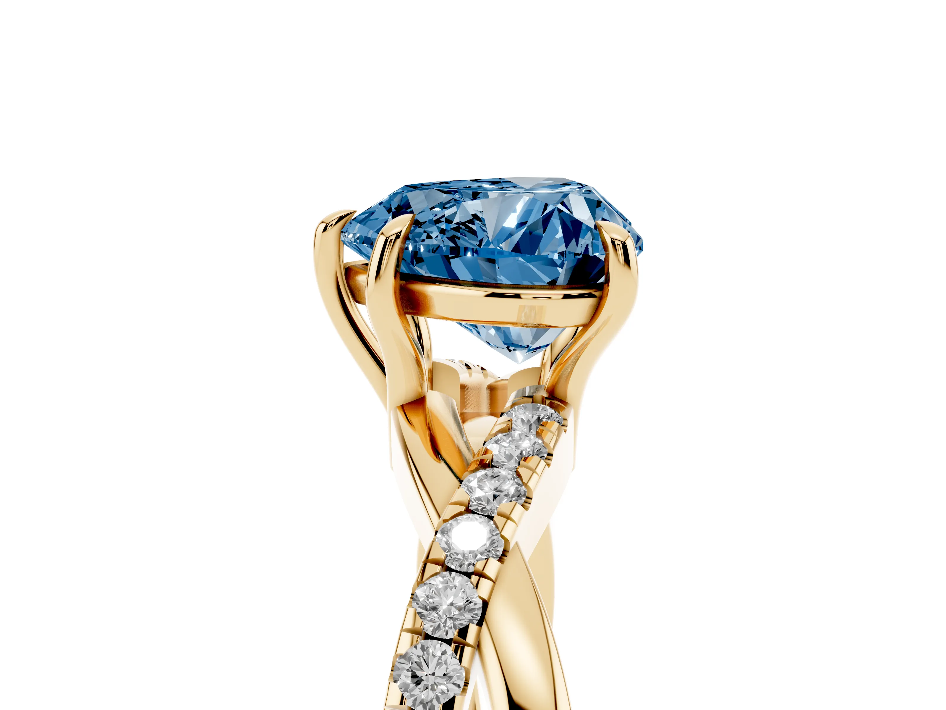 Fancy Blue Heart Cut Diamond Twisted Pavé Band Ring Set in Yellow gold with Prong Setting