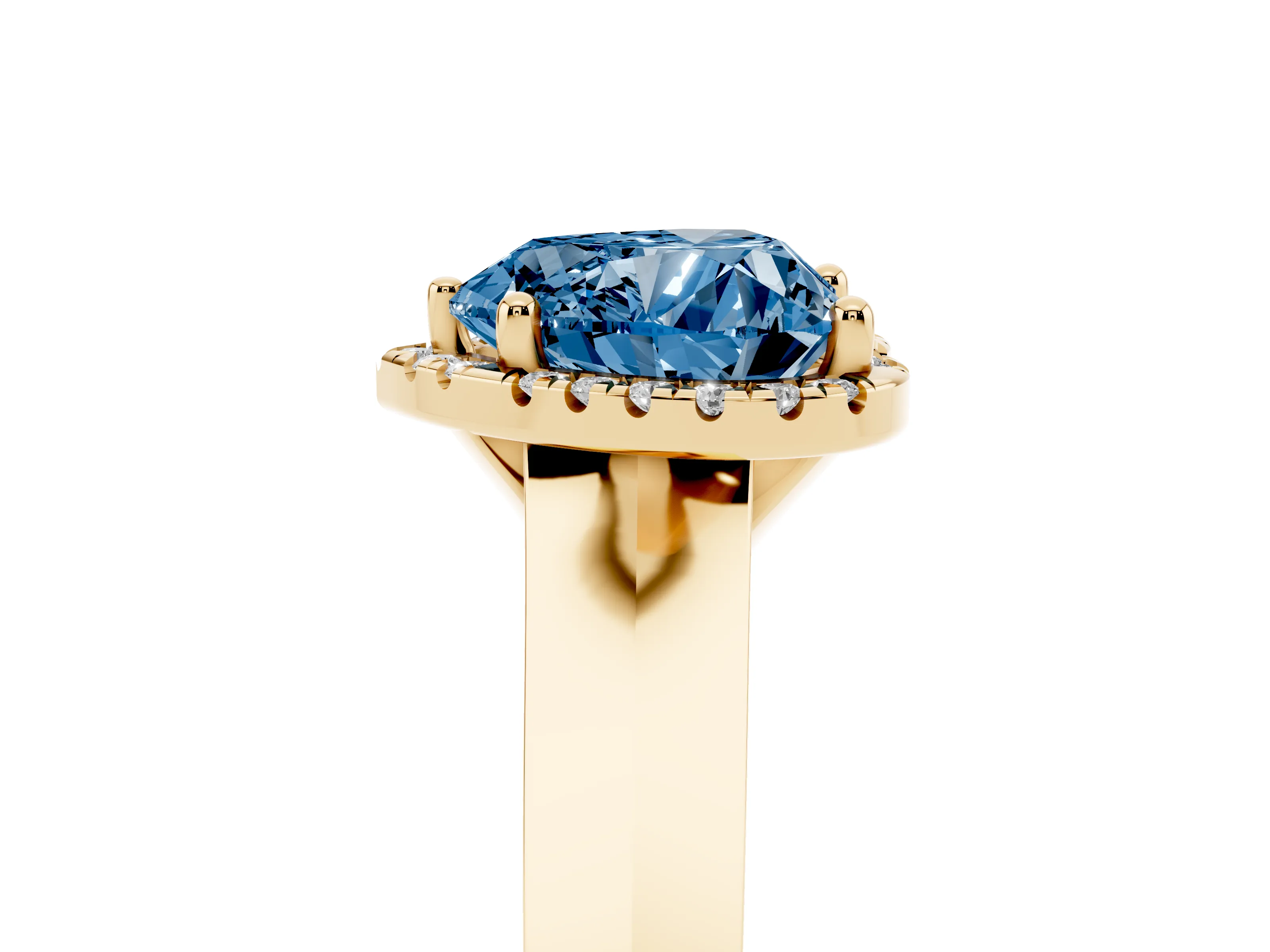 Fancy Blue Heart Cut Diamond Halo Ring Set in Yellow gold with Cathedral Band and Prong Setting