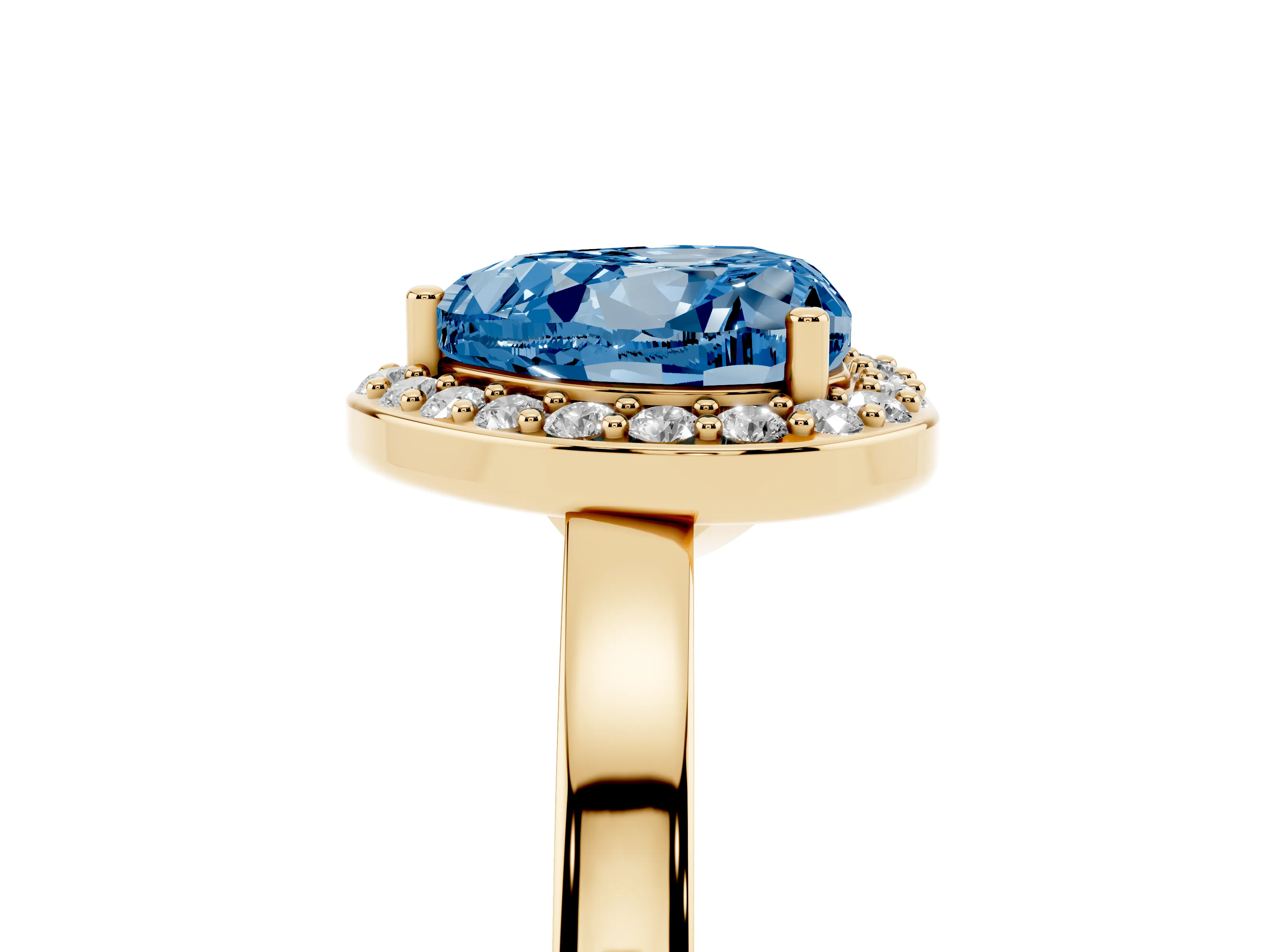 Fancy Blue Heart Cut Diamond Halo Ring Set in Yellow gold with Solitaire Band and Prong Setting