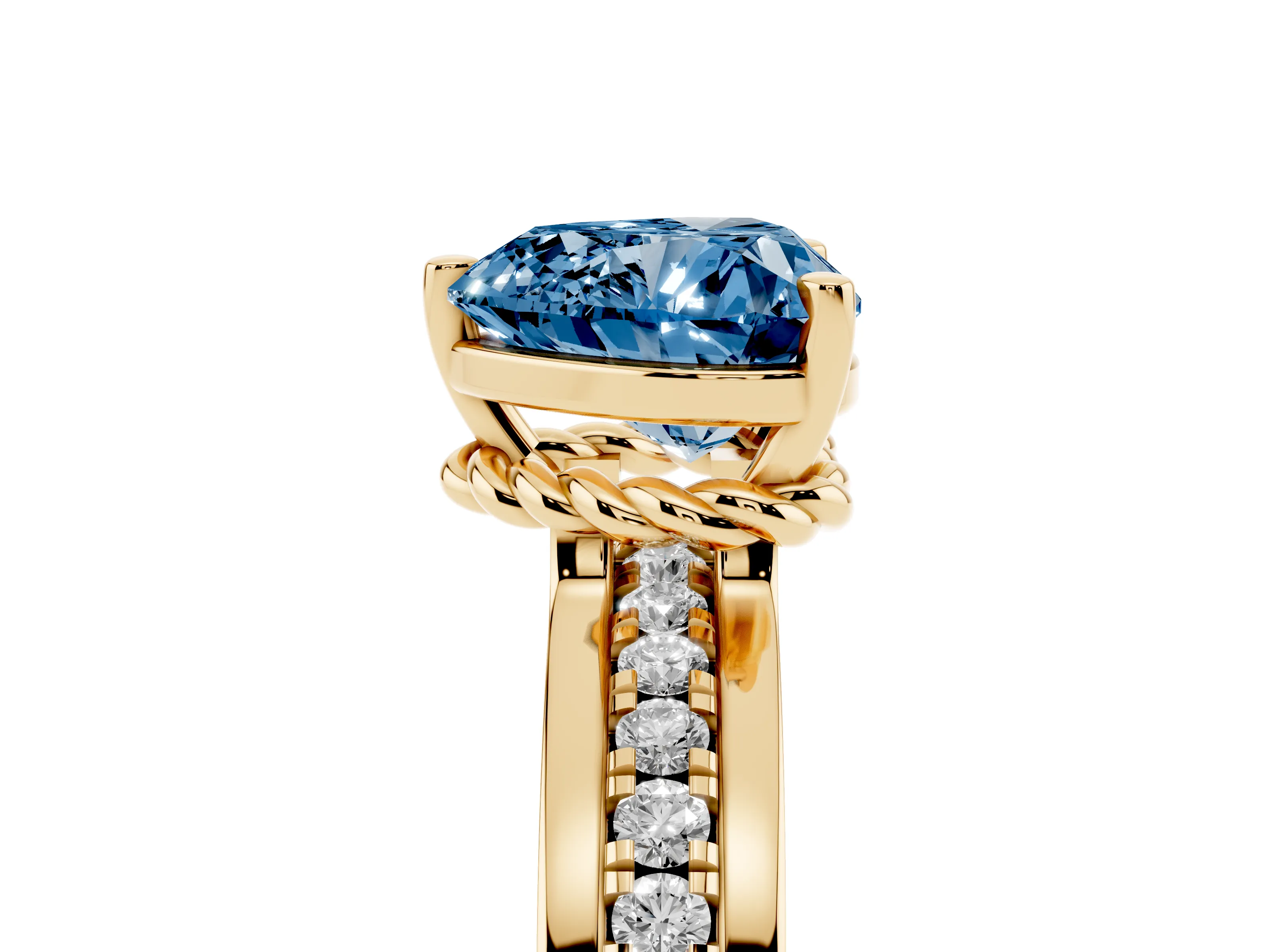 Fancy Blue Heart Cut Diamond Solitaire Ring Set in Yellow gold with Channel Set Band and Prong Setting