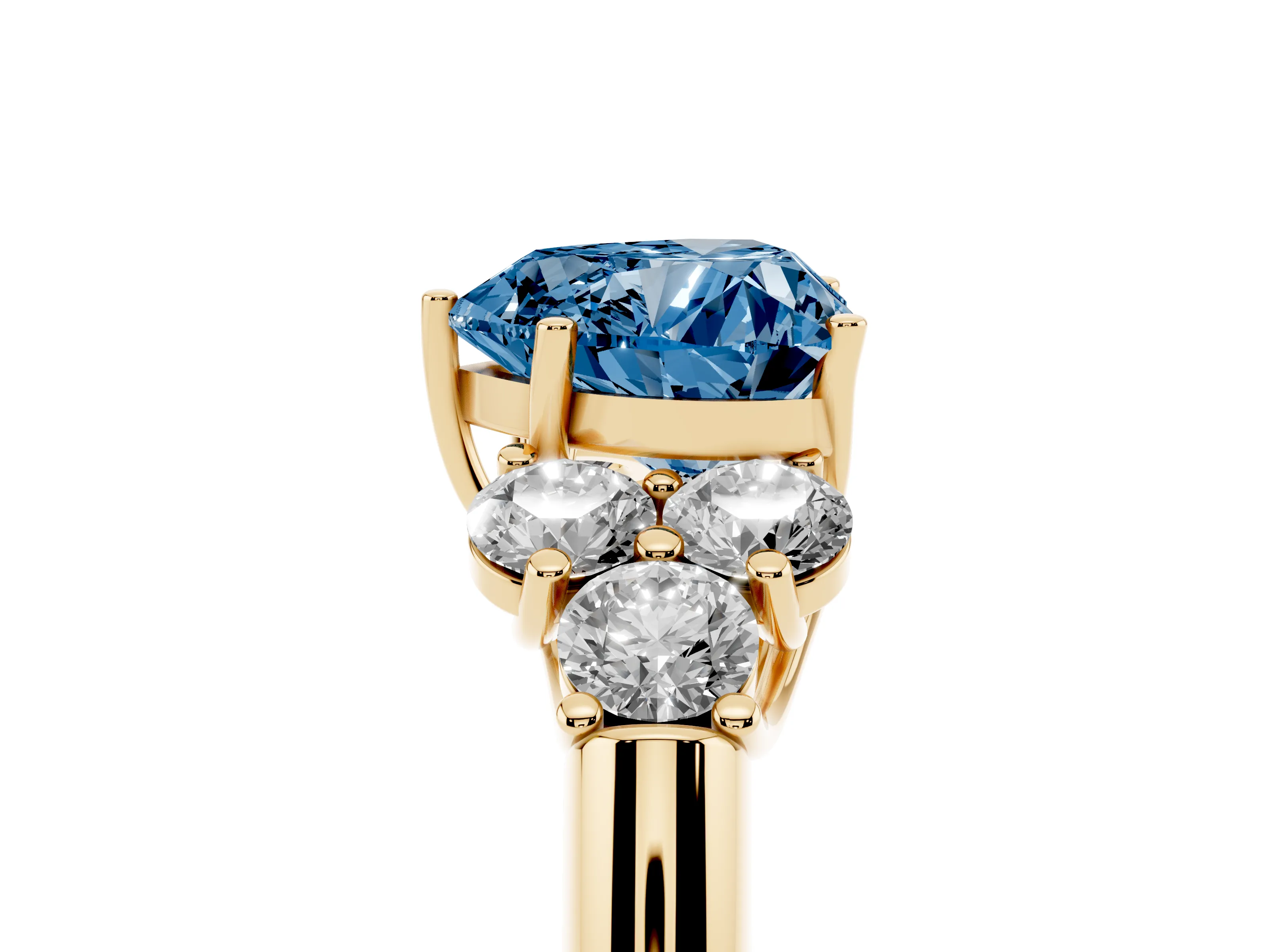 Fancy Blue Heart Cut Diamond Cluster Ring Set in Yellow gold with Round Accent Stones and Prong Setting on a Plain Band