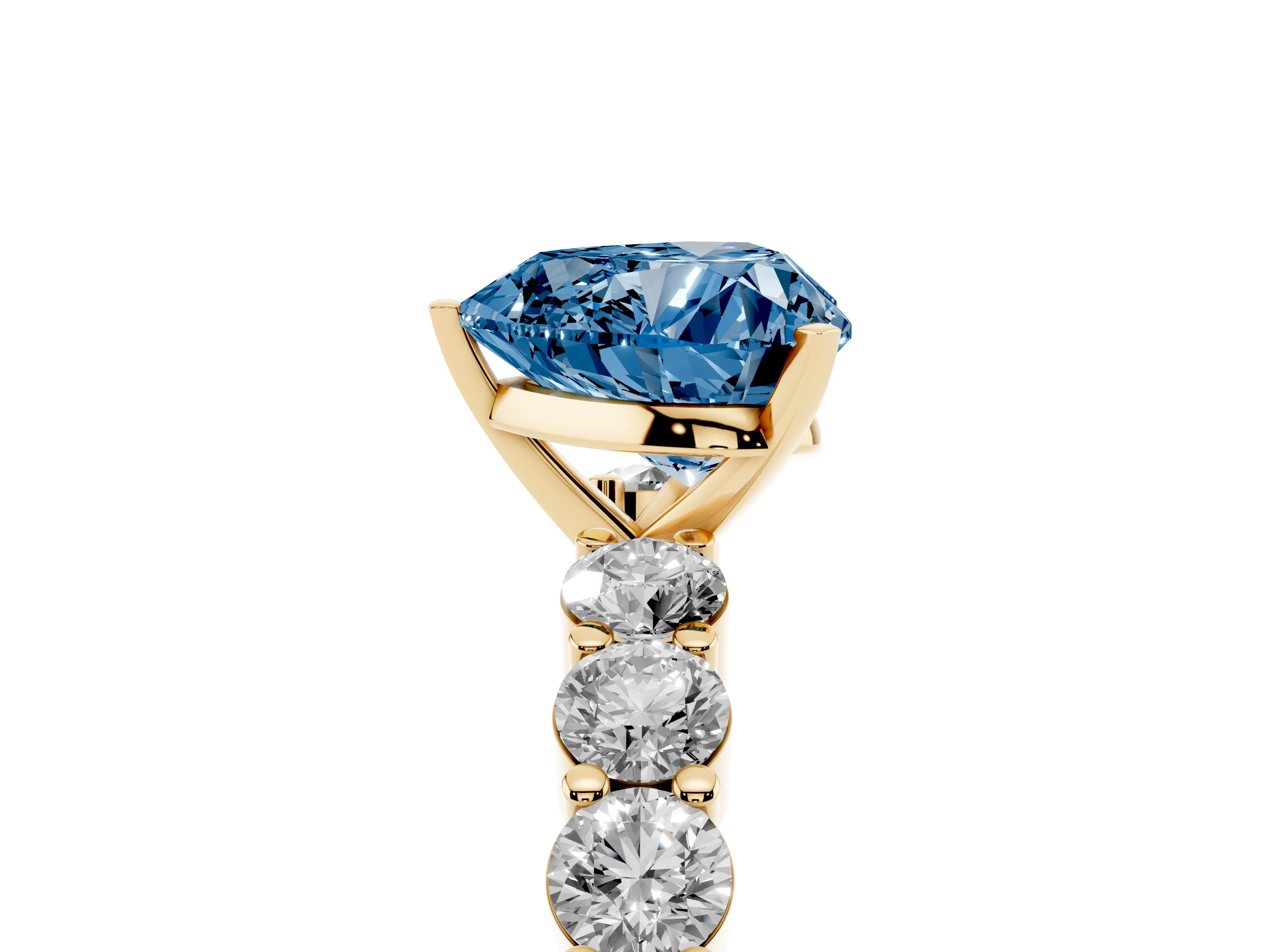 Fancy Blue Heart Cut Diamond Solitaire Ring Set in Yellow gold with Shared Prong Round Side Stones