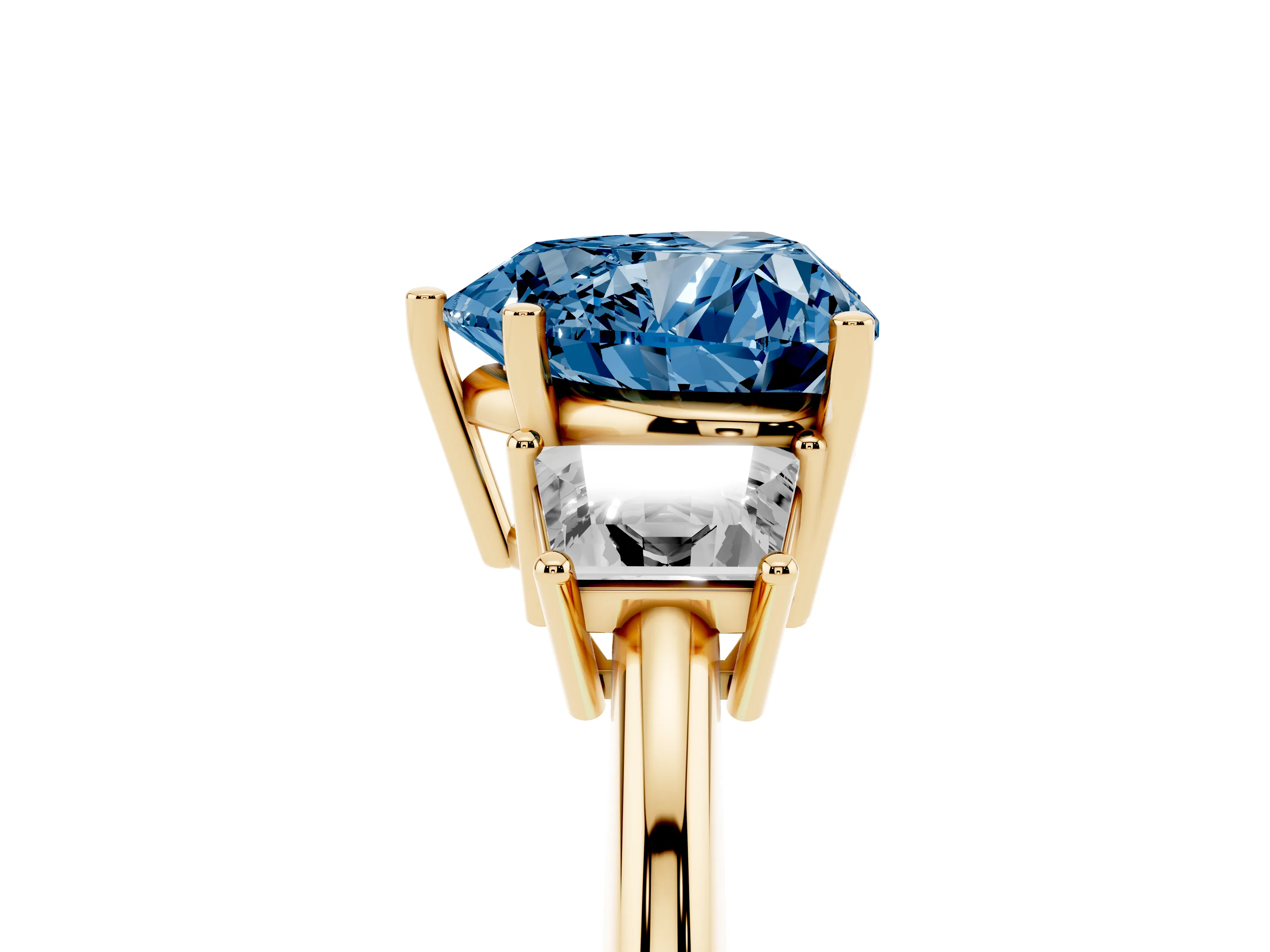 Fancy Blue Heart Cut Diamond Three-Stone Ring Set in Yellow gold with Trapezoid Side Stones and Prong Setting