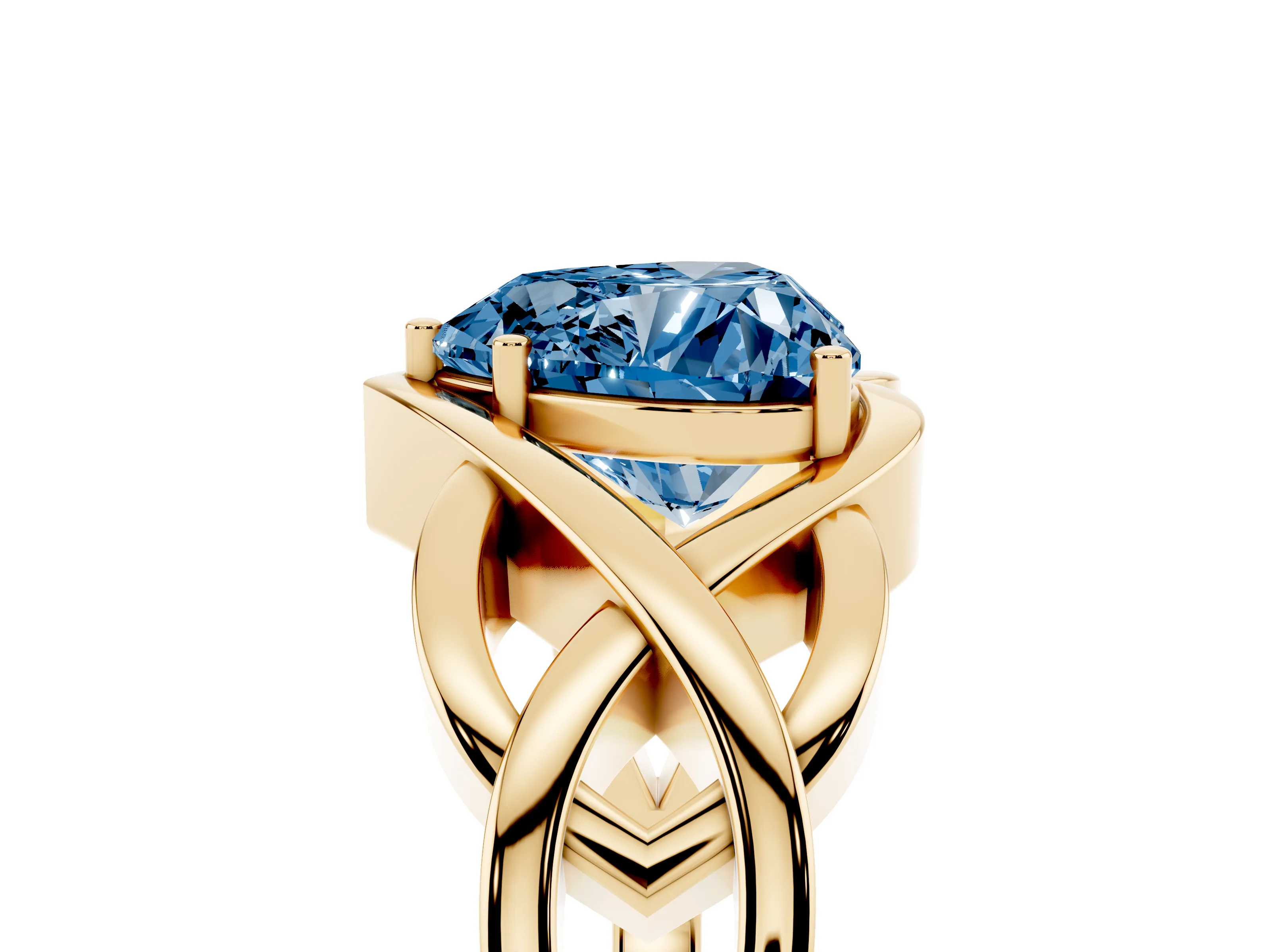 Fancy Blue Heart Cut Diamond Solitaire Ring Set in Yellow gold with Intertwined Band