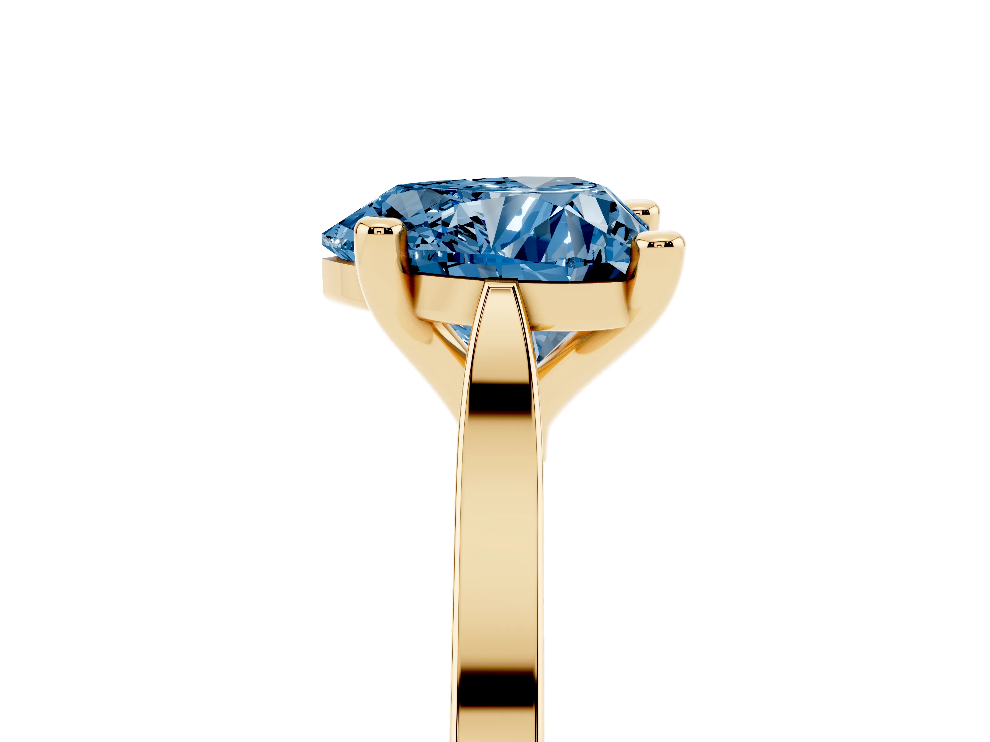 Fancy Blue Heart Cut Diamond Solitaire Ring Set in Yellow gold with Prong Setting and Tapered Band