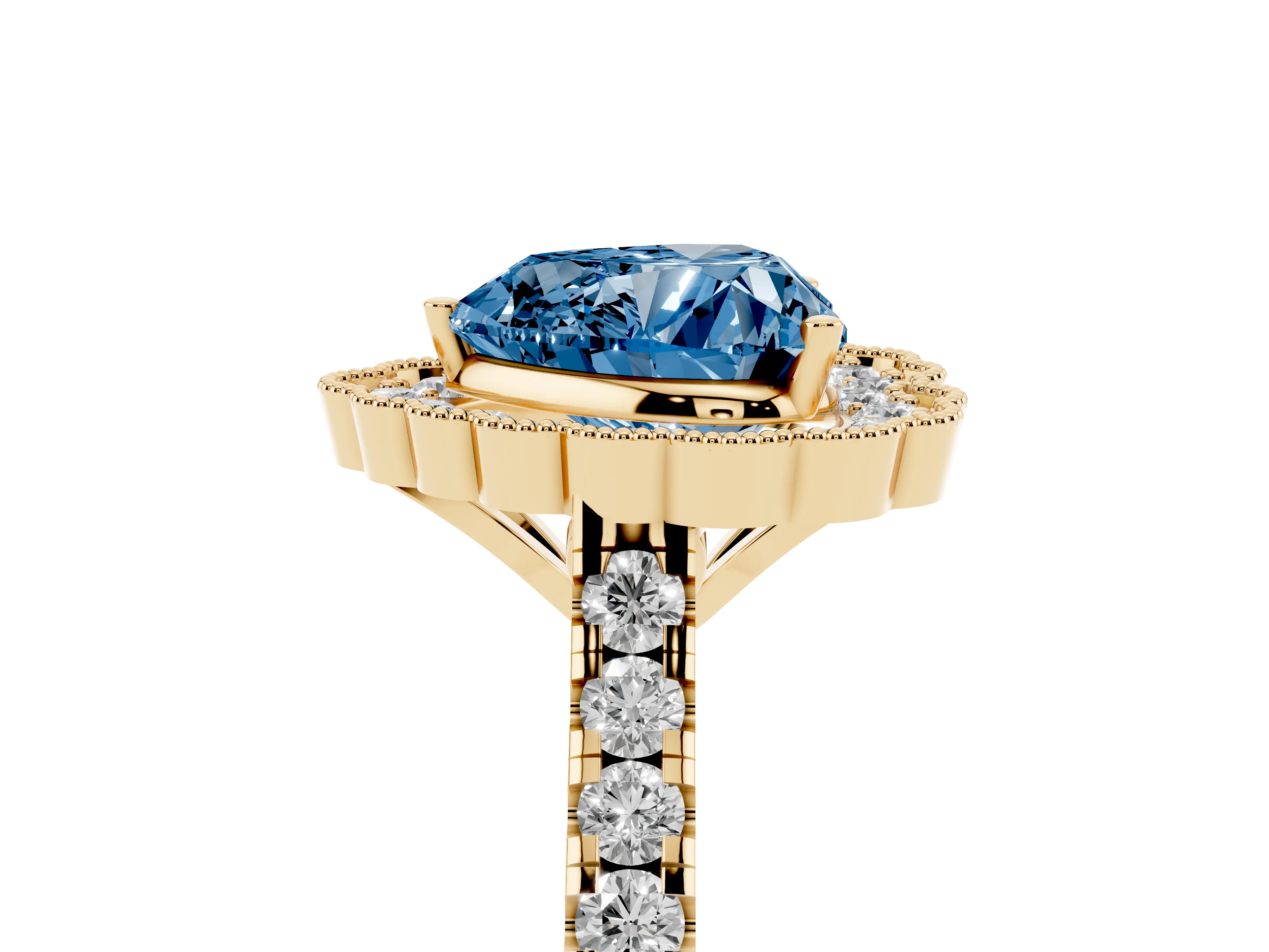 Fancy Blue Heart Cut Diamond Milgrain Floral Halo Engagement Ring Set in Yellow gold with Pavé Band