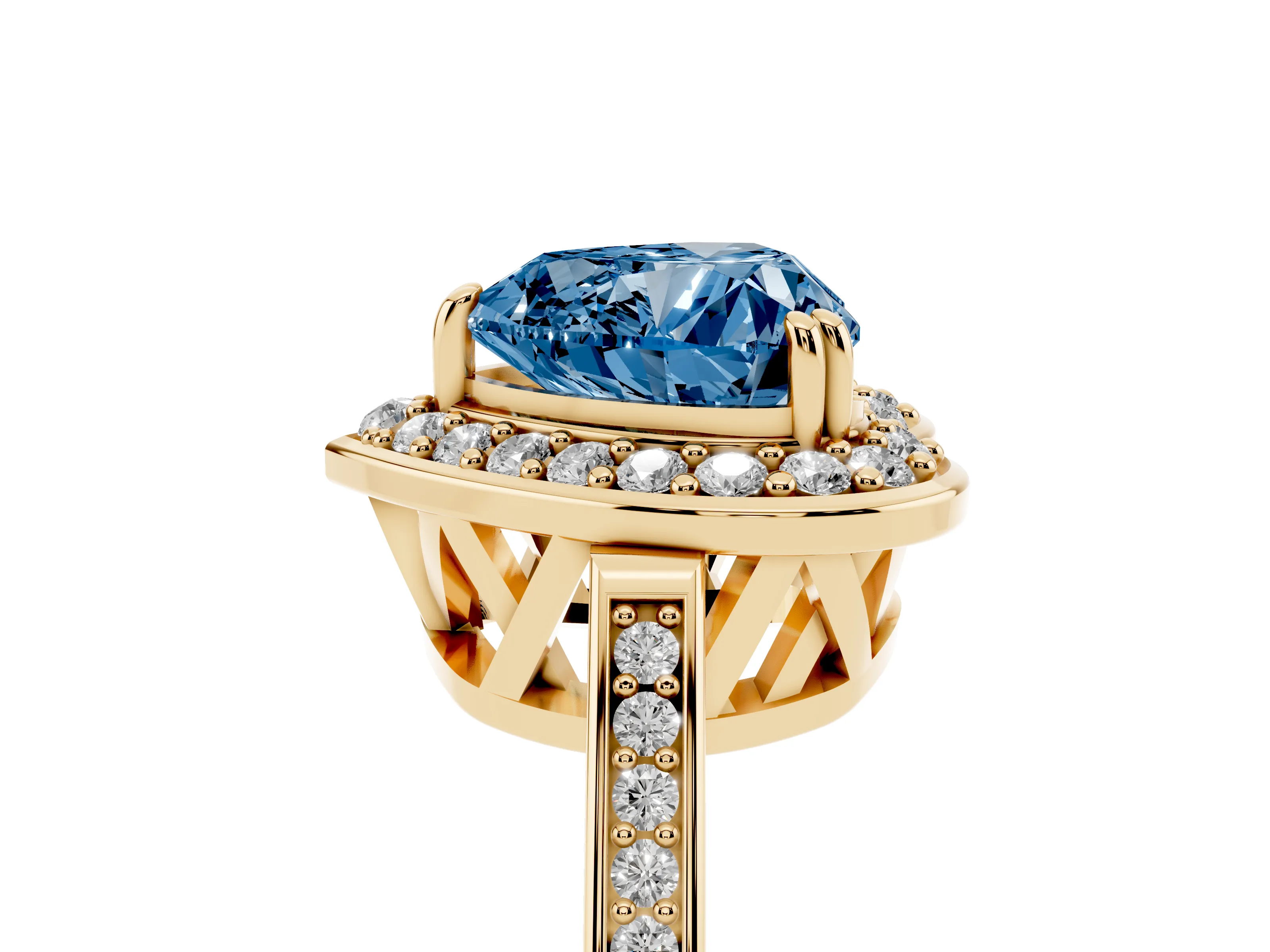 Fancy Blue Heart Cut Diamond Halo Ring Set in Yellow gold with Accent-Lined Split Shank and Prong Setting