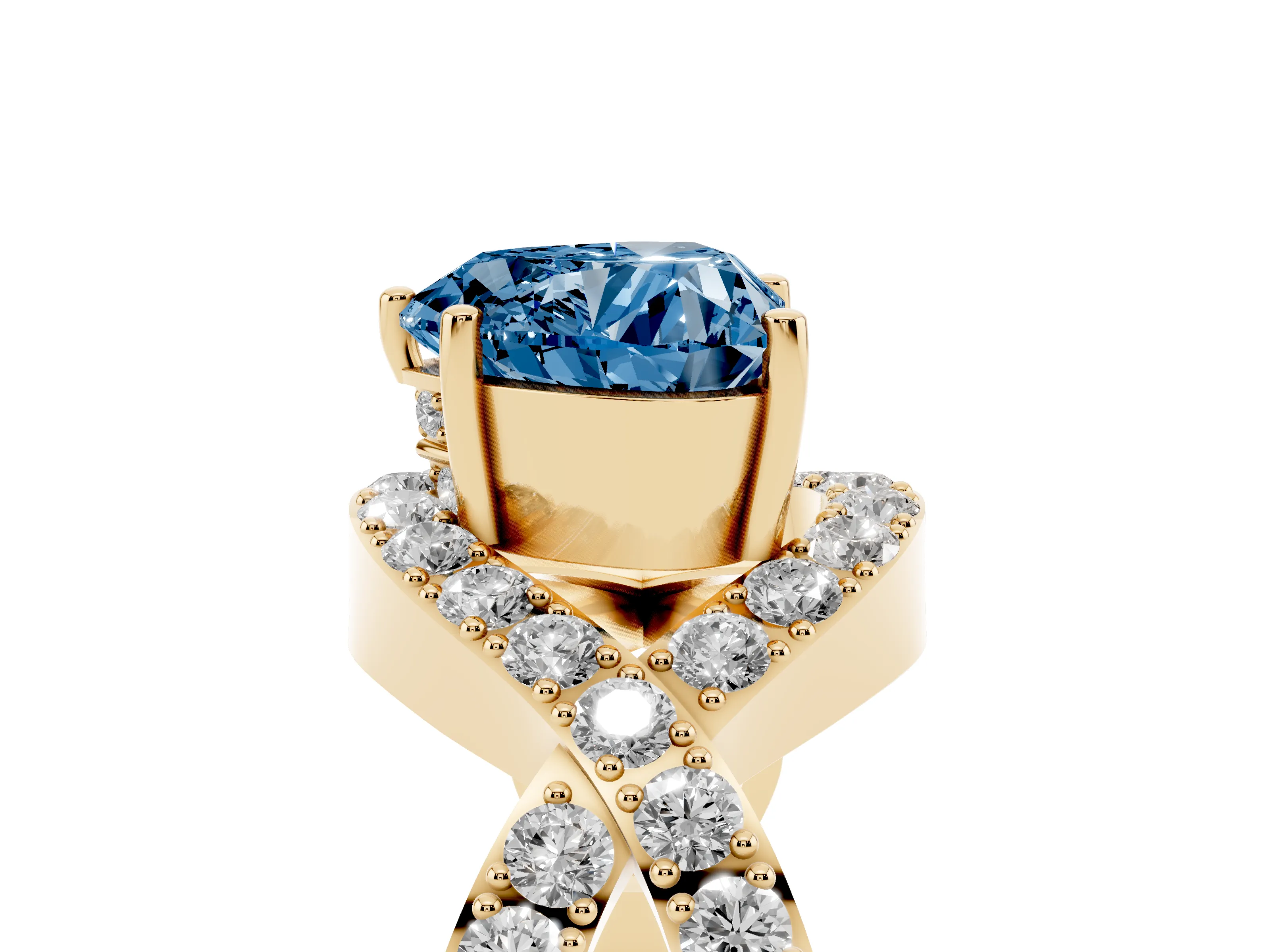 Fancy Blue Heart Cut Diamond Solitaire Twist Band Pavé Engagement Ring Set in Yellow gold